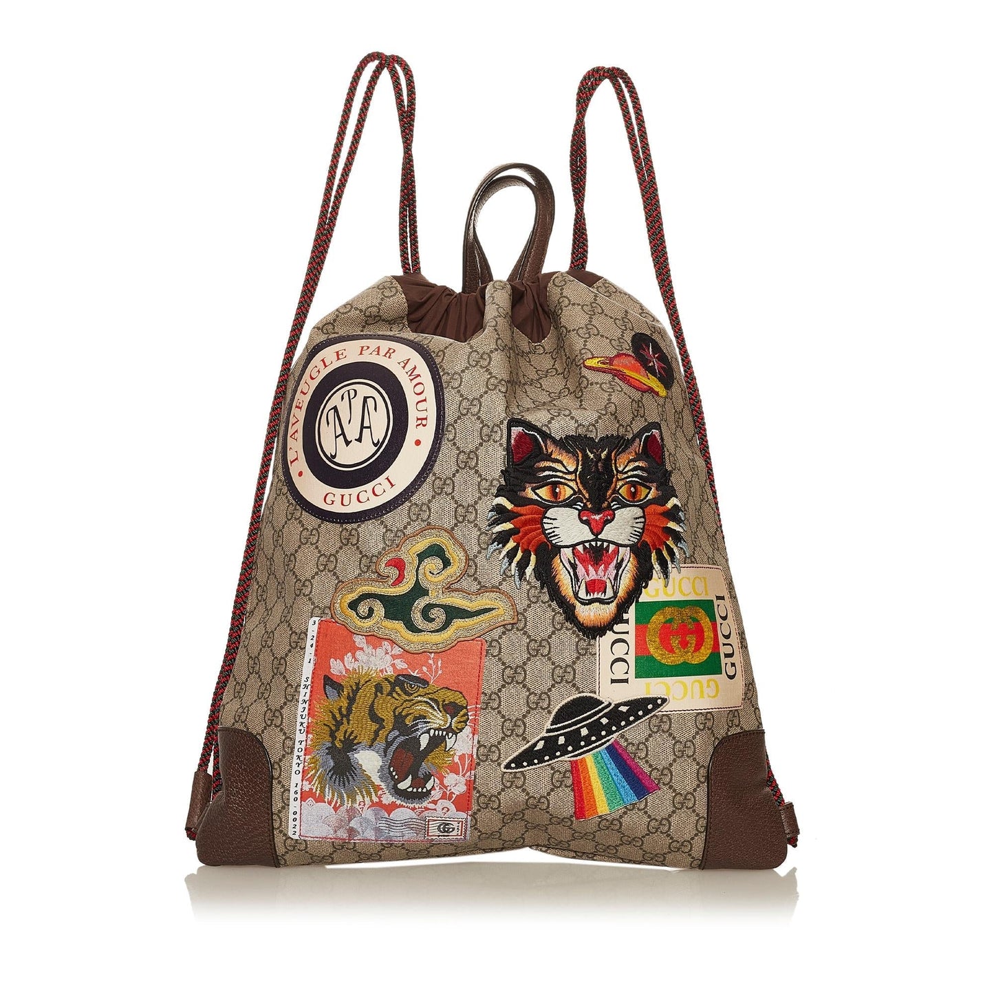 Gucci GG Supreme Courrier Drawstring Backpack Canvas Calf Brown Jewelry Backpack Shg