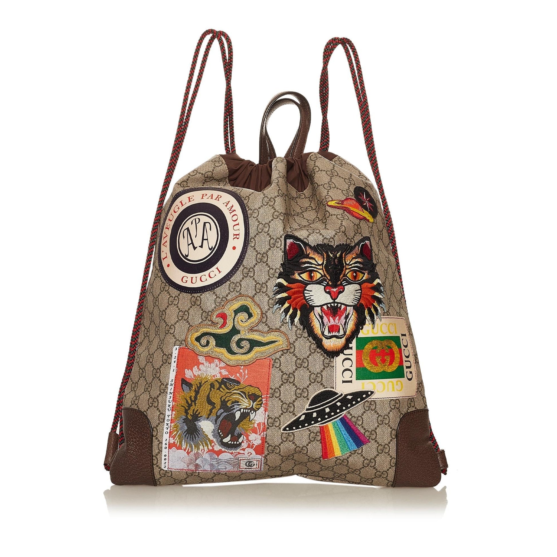 Gucci GG Supreme Courrier Drawstring Backpack Canvas Calf Brown Jewelry Backpack Shg