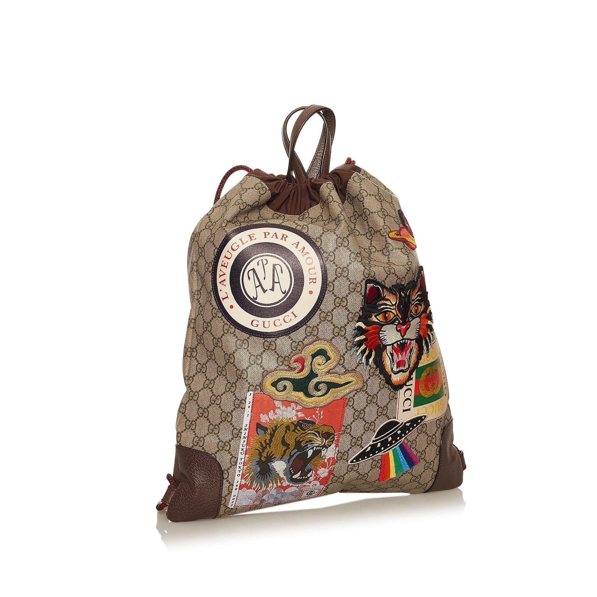 Gucci GG Supreme Courrier Drawstring Backpack Canvas Calf Brown Jewelry Backpack Shg