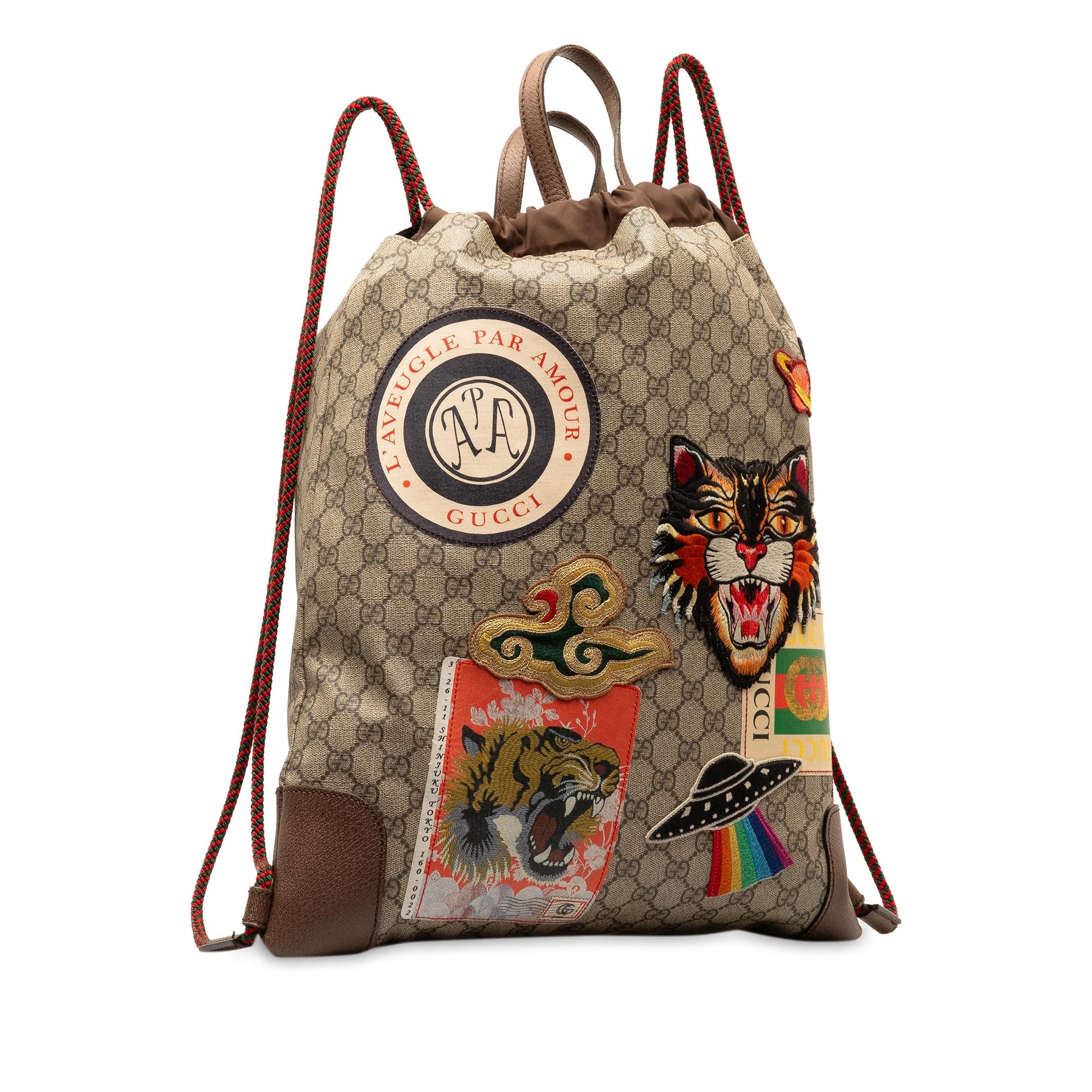 Gucci GG Supreme Courrier Drawstring Backpack Canvas Calf Brown Jewelry