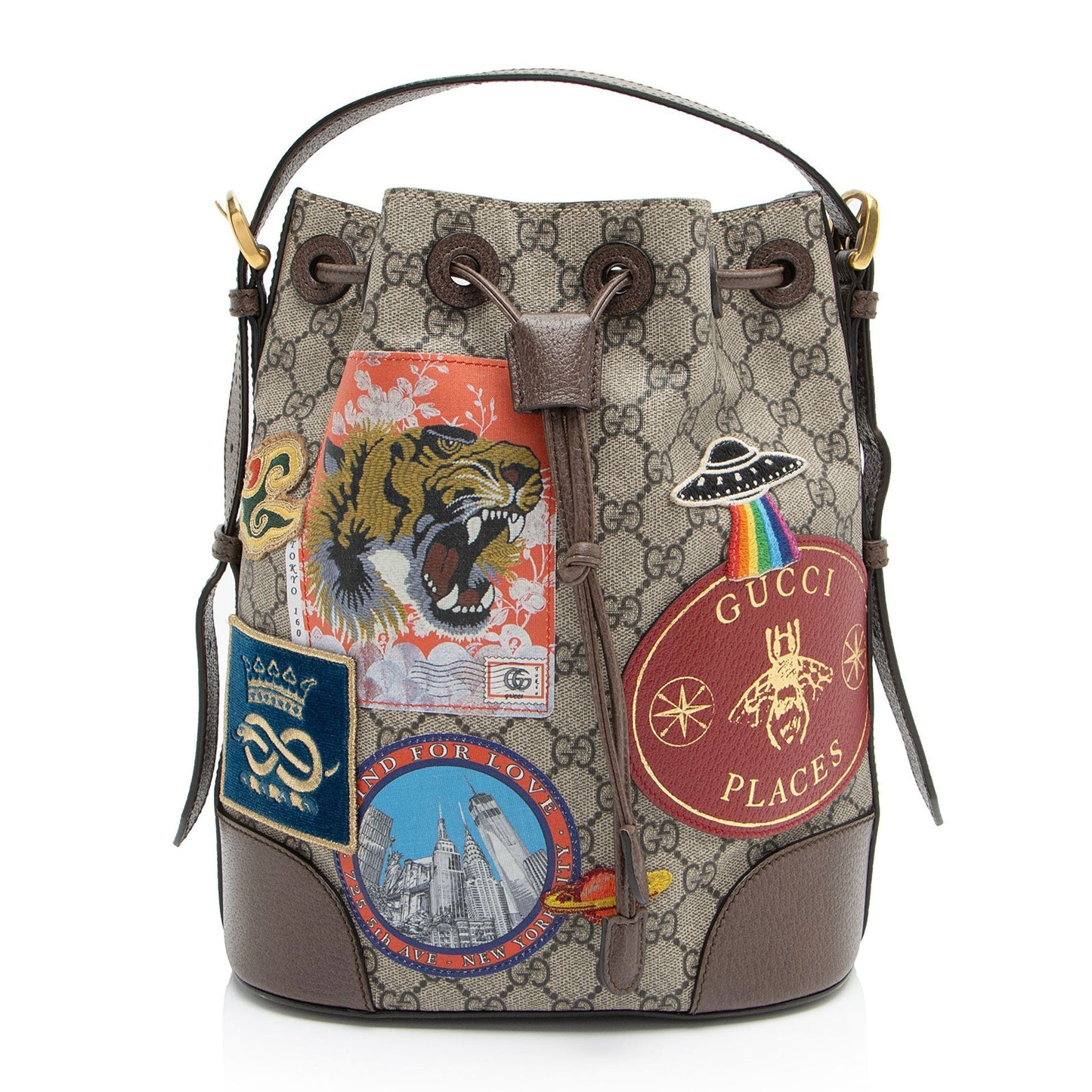Gucci GG Supreme Courrier Drawstring Sling Leather Canvas Nylon Brown Jewelry