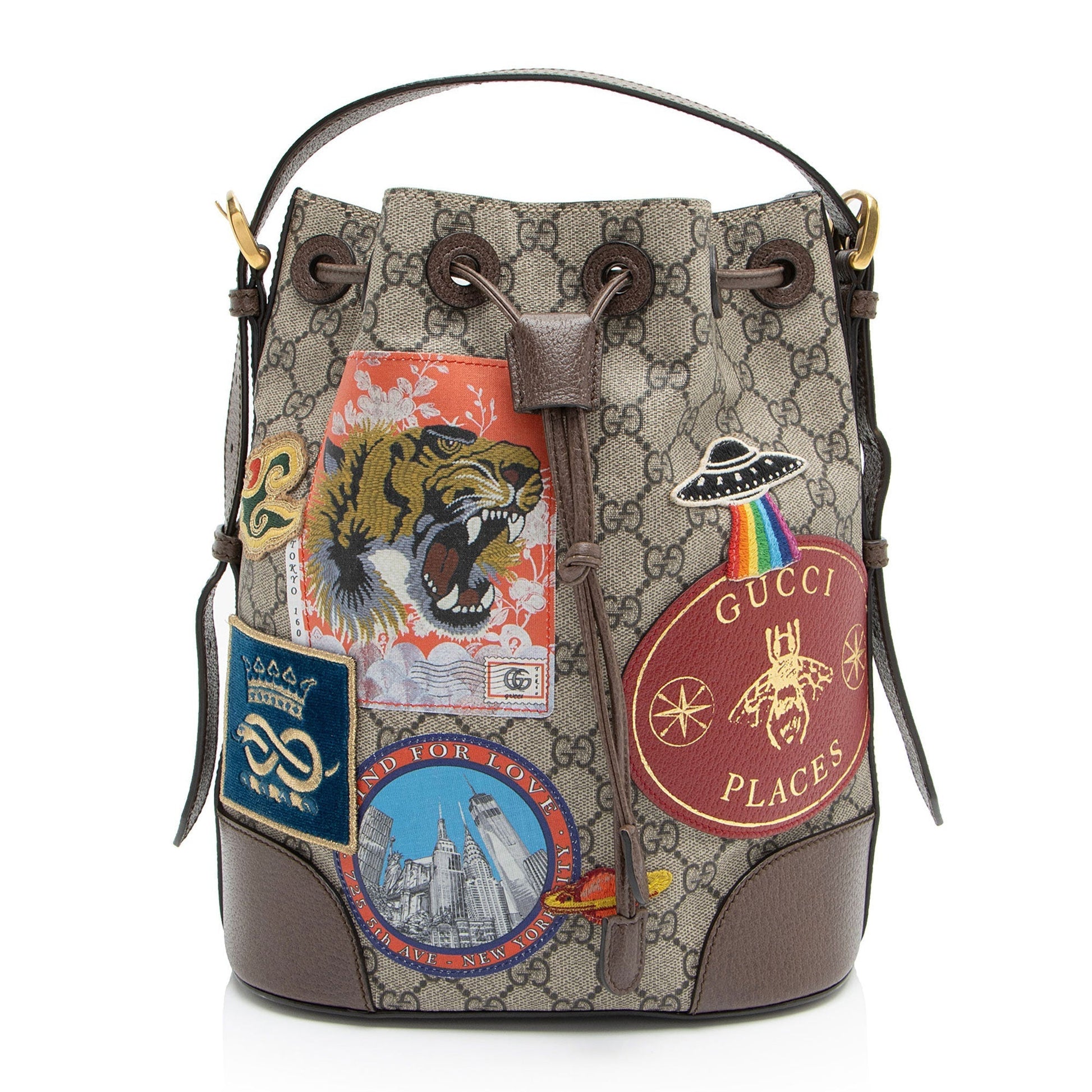 Gucci GG Supreme Courrier Drawstring Sling Leather Canvas Nylon Brown Jewelry