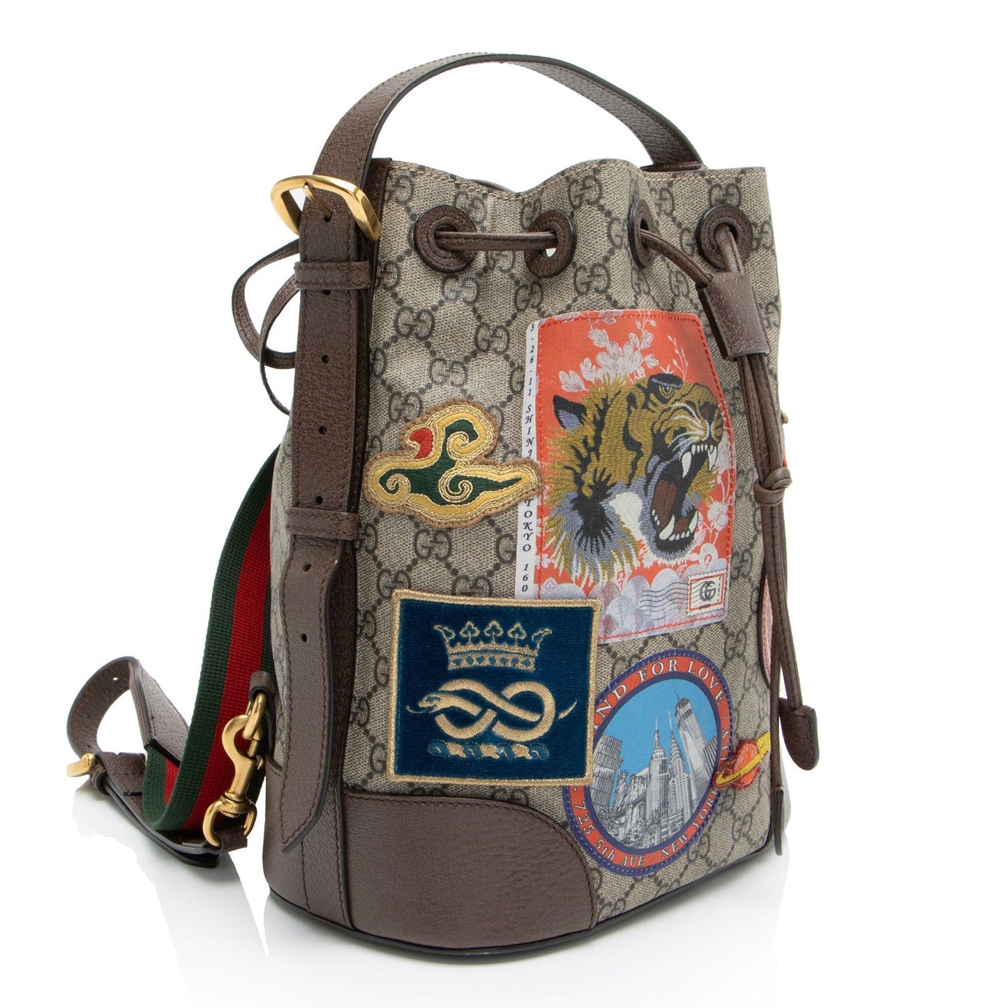 Gucci GG Supreme Courrier Drawstring Sling Leather Canvas Nylon Brown Jewelry