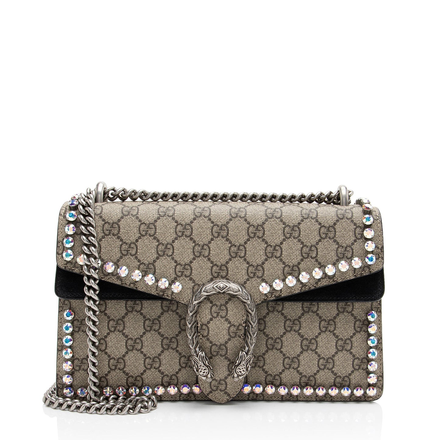 Gucci GG Supreme Crystal Studded Dionysus Canvas Suede Black Beige Shoulder Bag