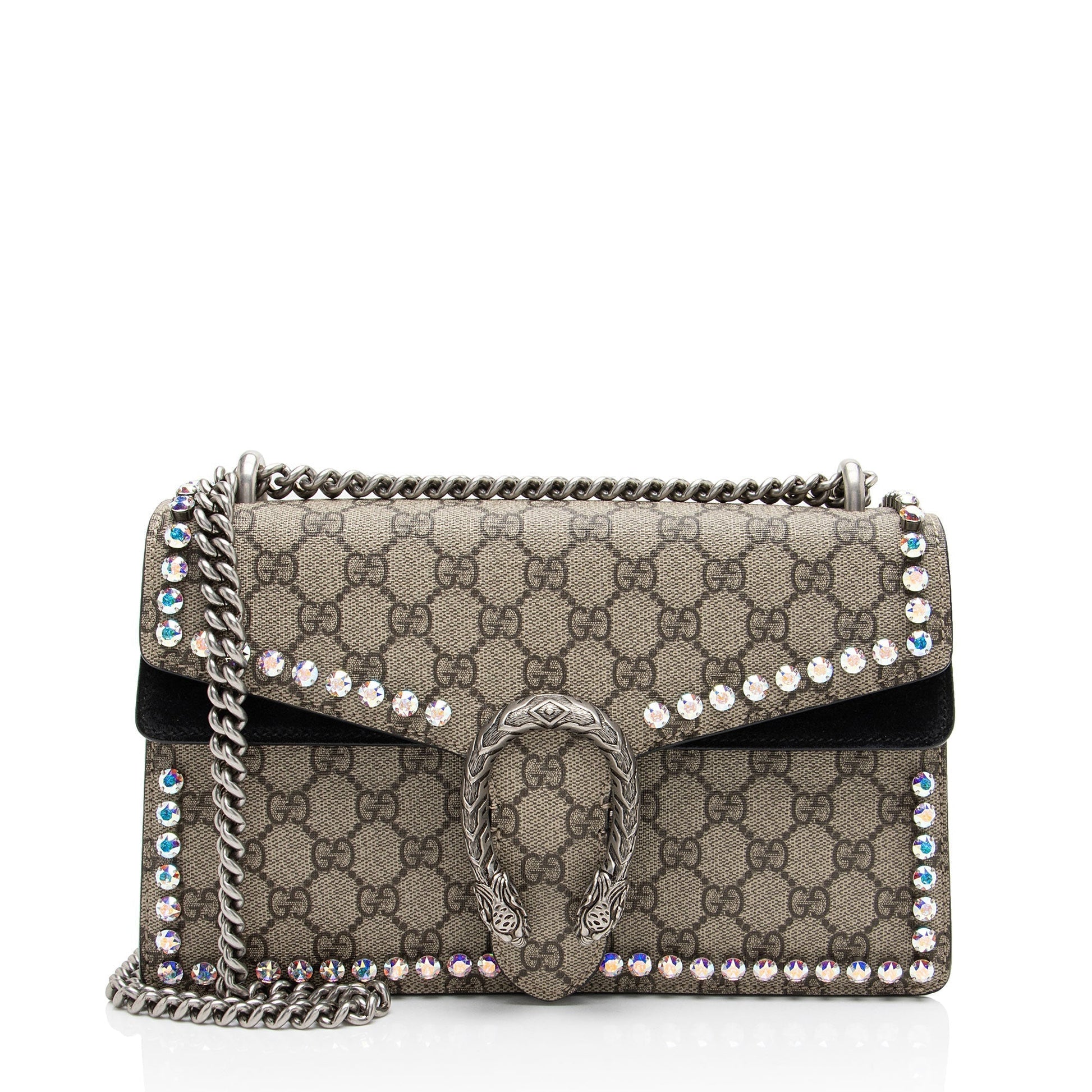 Gucci GG Supreme Crystal Studded Dionysus Canvas Suede Black Beige Shoulder Bag