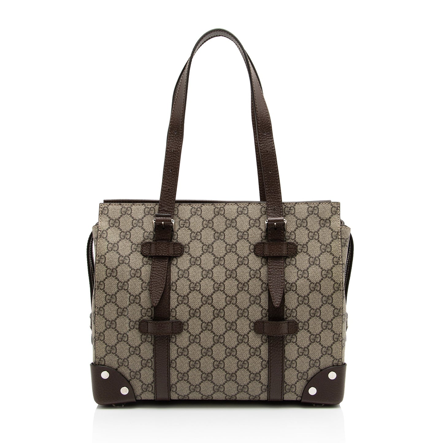 Gucci GG Supreme Buckle SHF-2EWGYl Leather Canvas Brown Beige Tote Bag