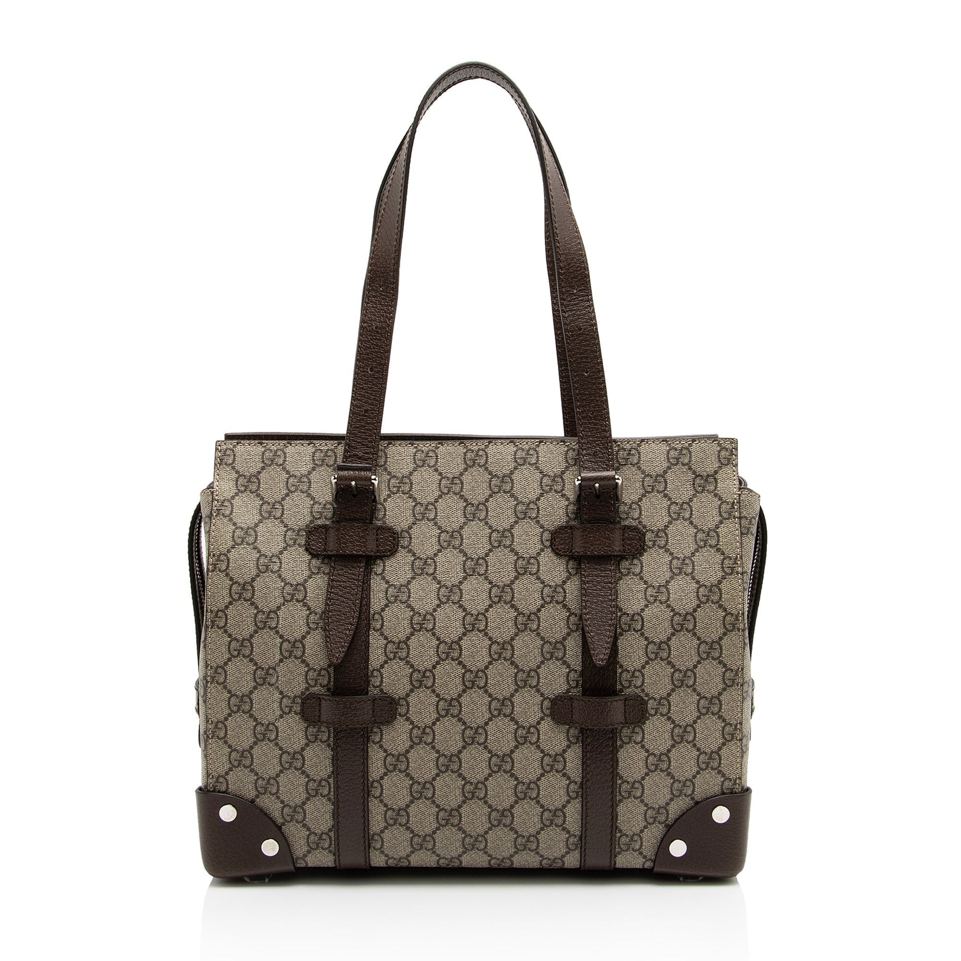 Gucci GG Supreme Buckle SHF-2EWGYl Leather Canvas Brown Beige Tote Bag