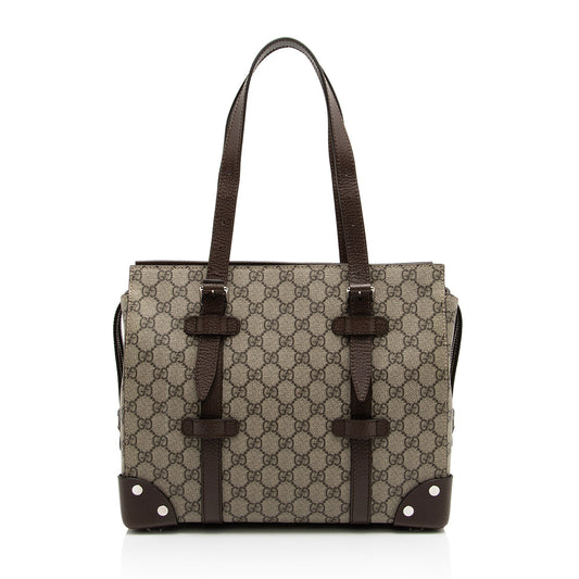 Gucci GG Supreme Buckle SHF-2EWGYl Leather Canvas Brown Beige Tote Bag