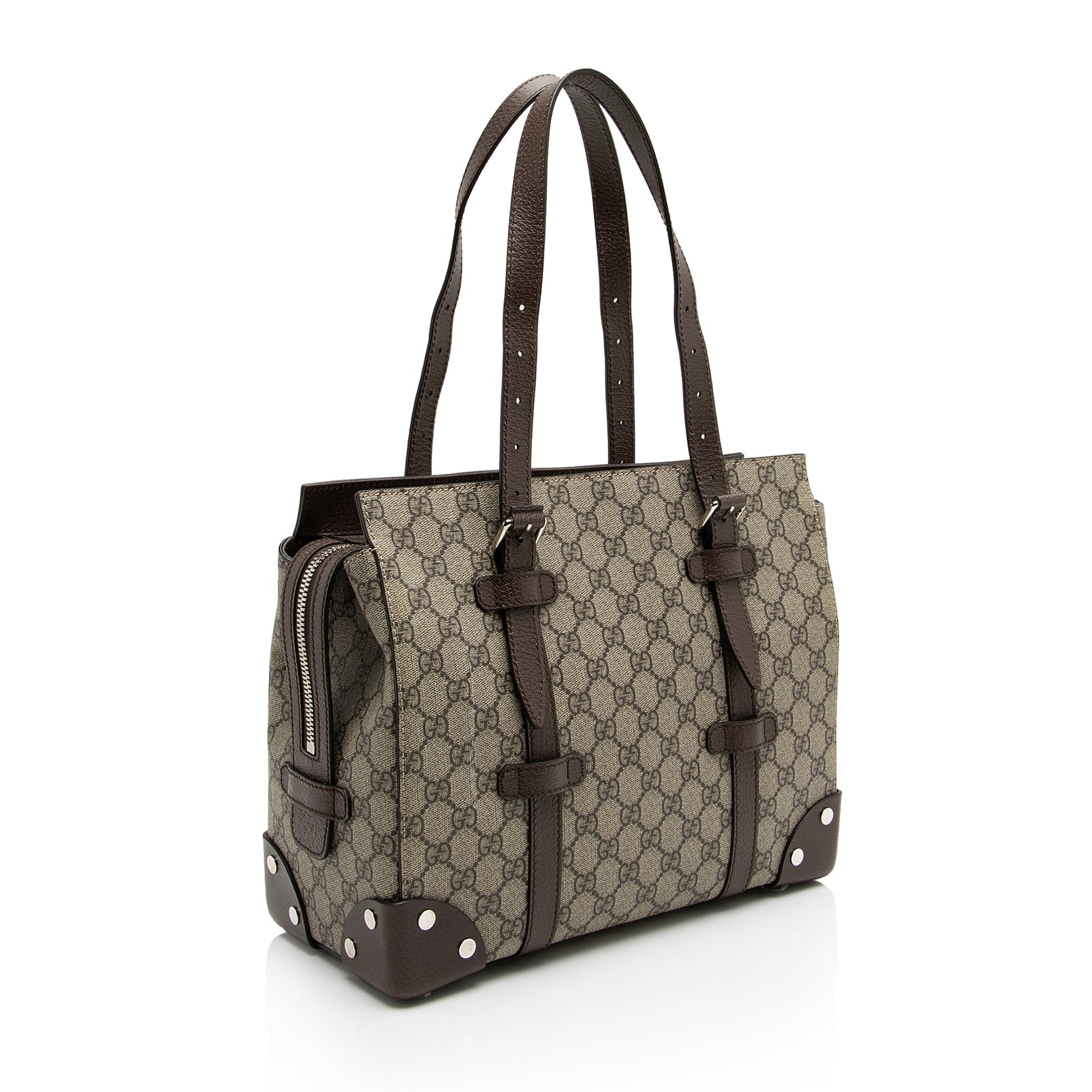 Gucci GG Supreme Buckle SHF-2EWGYl Leather Canvas Brown Beige Tote Bag
