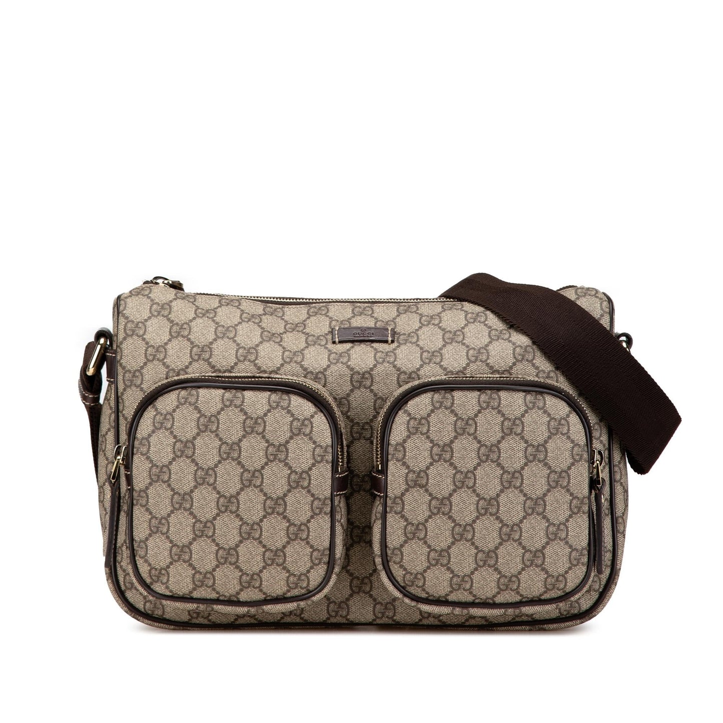 Gucci GG Supreme Double Pocket Canvas Calf Brown Crossbody Bag