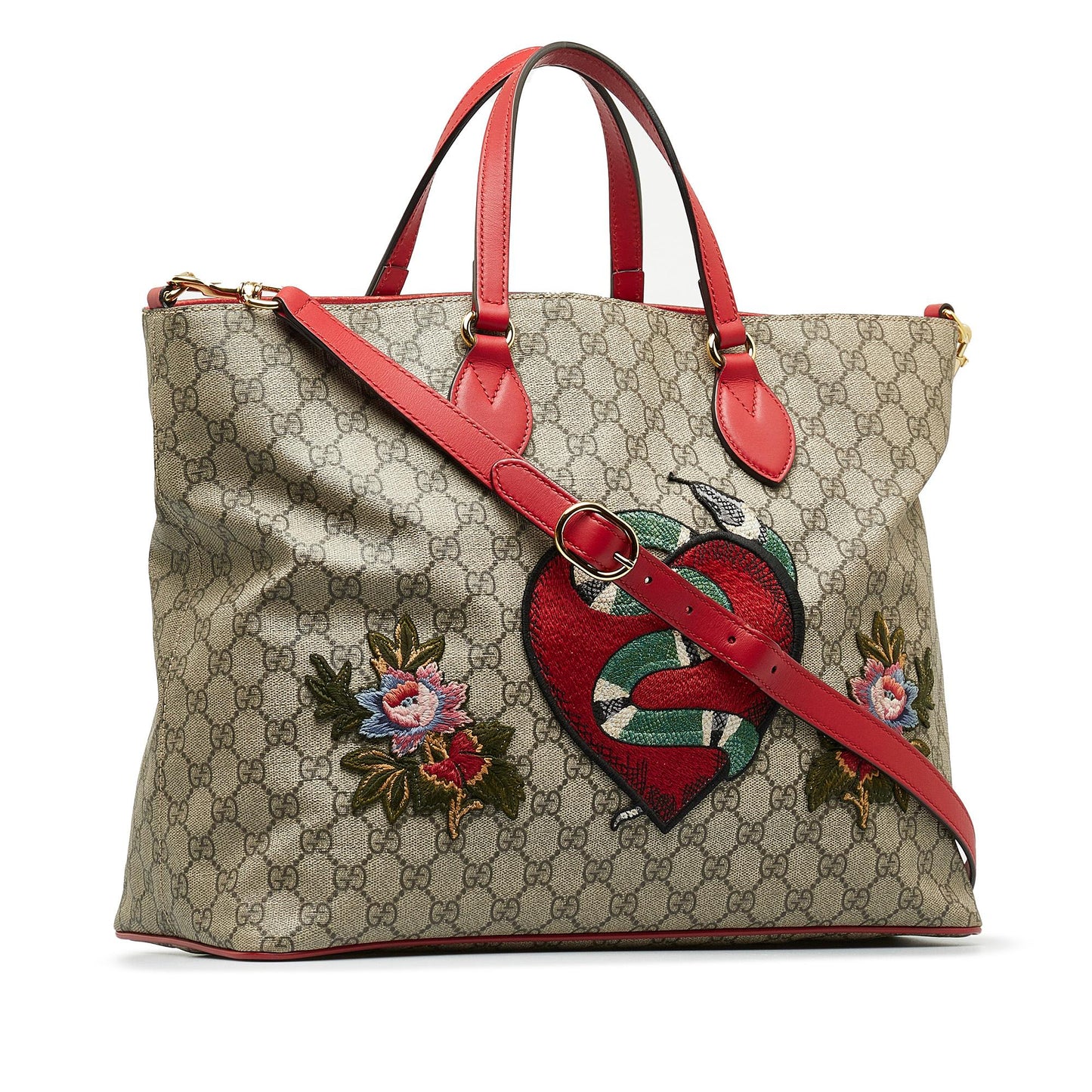 Gucci GG Supreme Embroidered Kingsnake Heart Canvas Calf Brown Satchel Bag