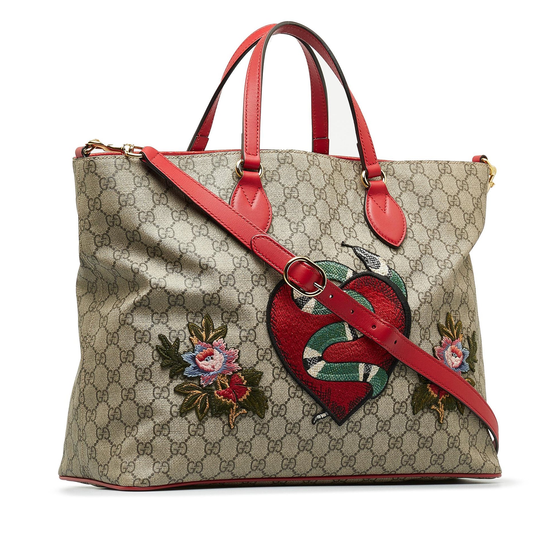 Gucci GG Supreme Embroidered Kingsnake Heart Canvas Calf Brown Satchel Bag