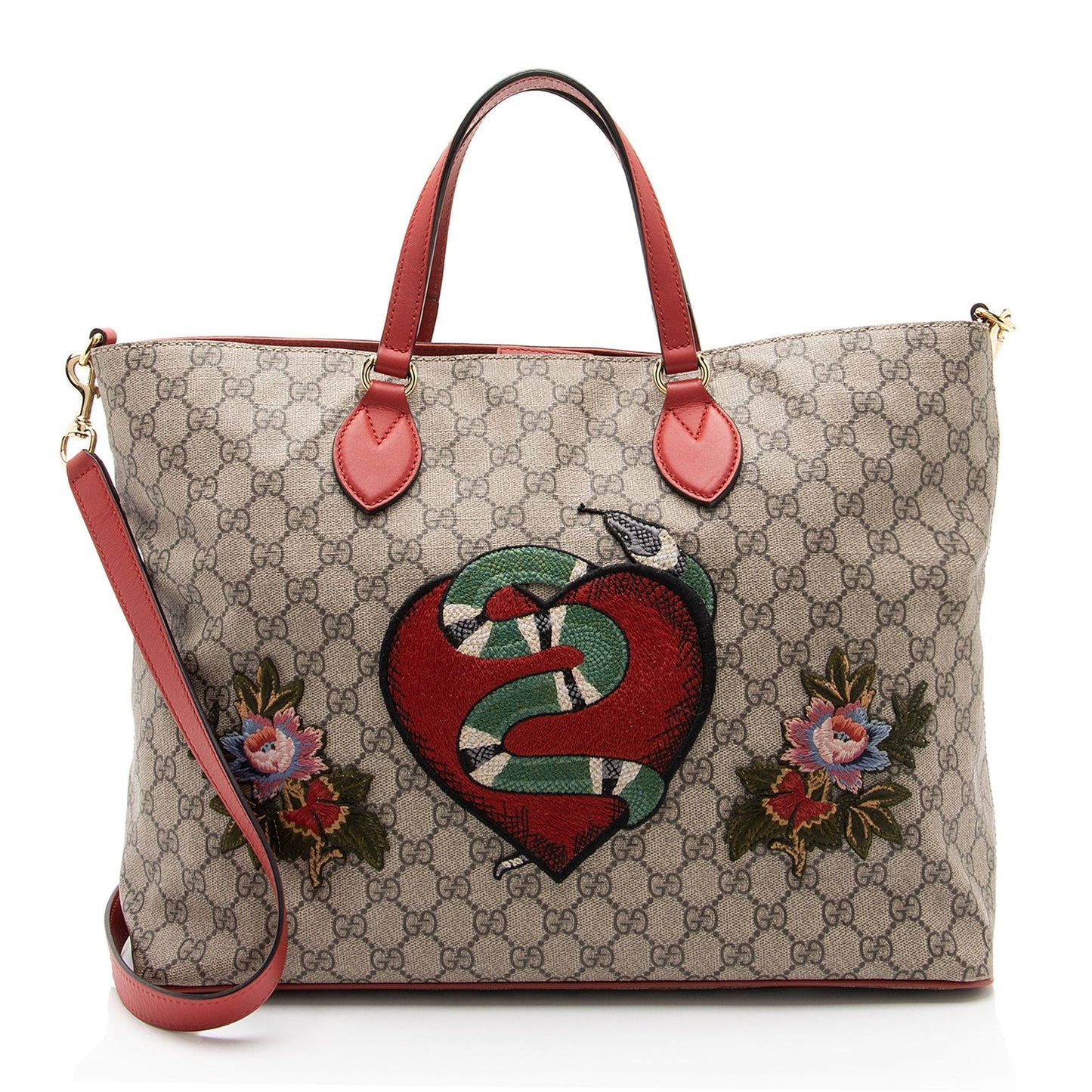 Gucci GG Supreme Embroidered Kingsnake Heart Leather Canvas Beige Tote Bag