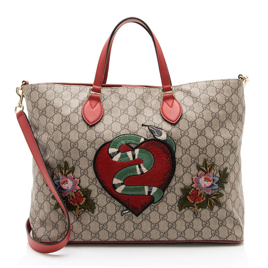 Gucci GG Supreme Embroidered Kingsnake Heart Leather Canvas Beige Tote Bag