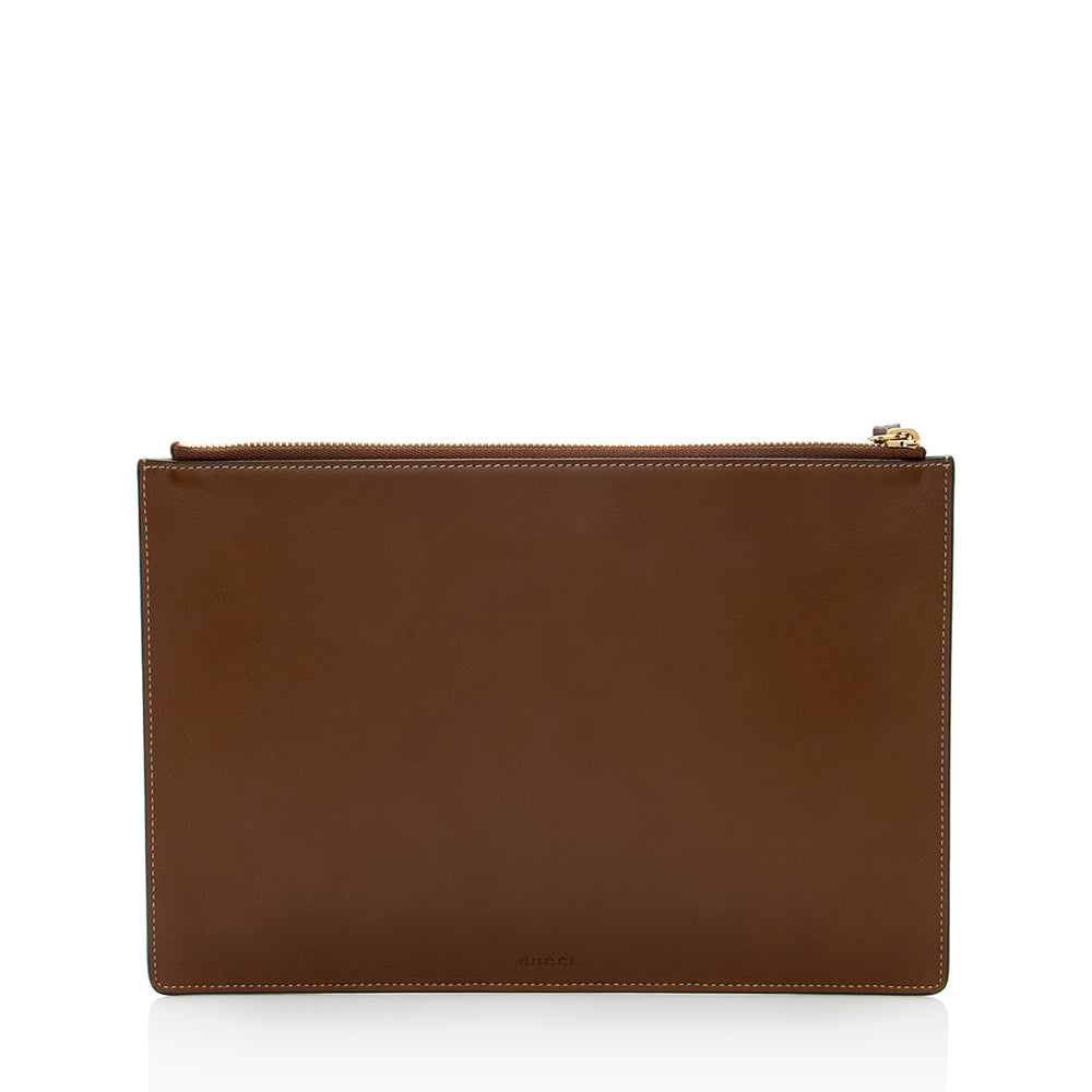 Gucci GG Supreme Embroidered Kingsnake Zip Leather Canvas Brown Beige Clutch Bag