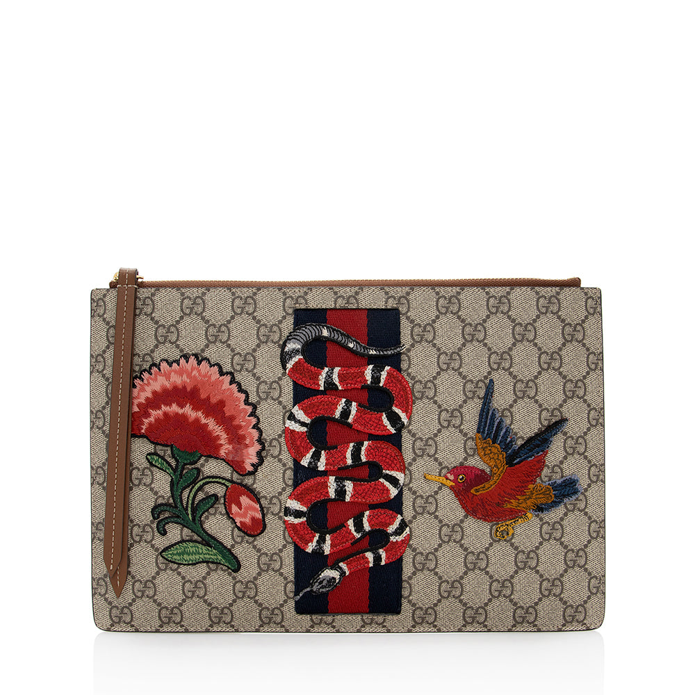 Gucci GG Supreme Embroidered Kingsnake Zip Leather Canvas Brown Beige Clutch Bag