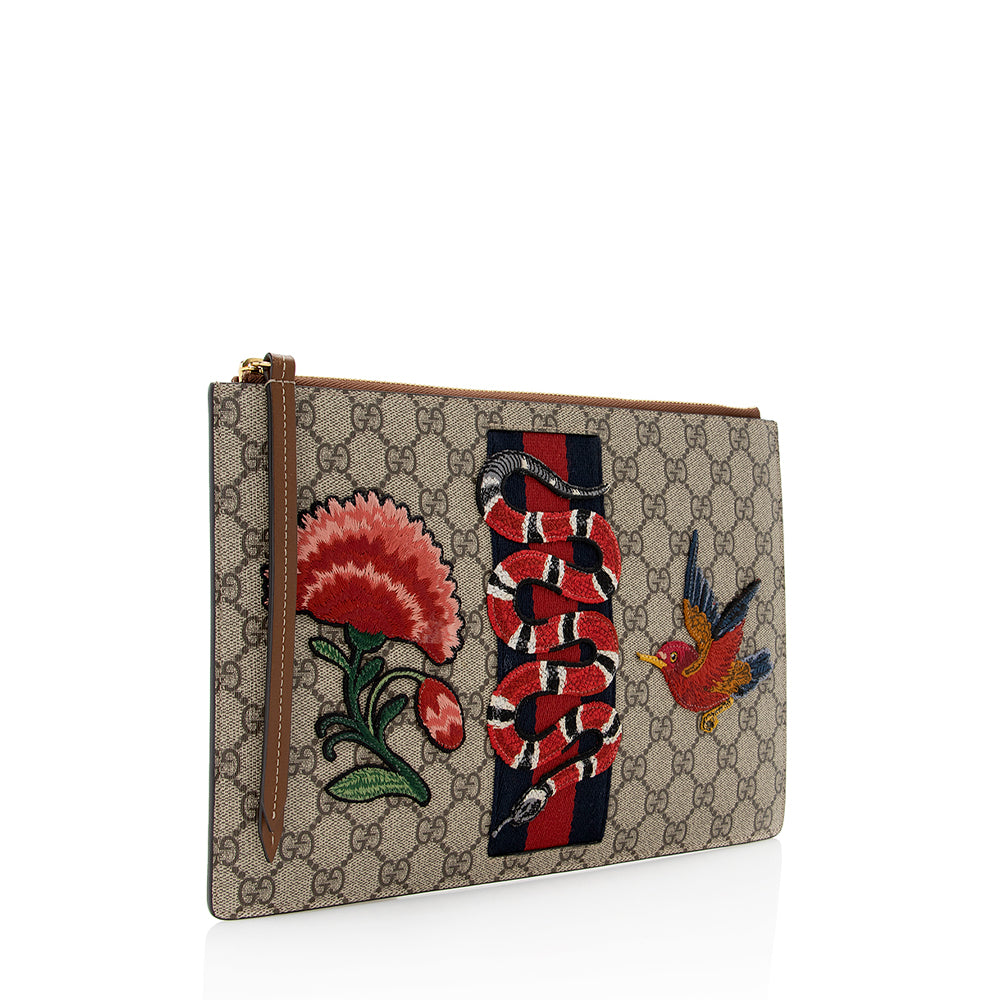 Gucci GG Supreme Embroidered Kingsnake Zip Leather Canvas Brown Beige Clutch Bag
