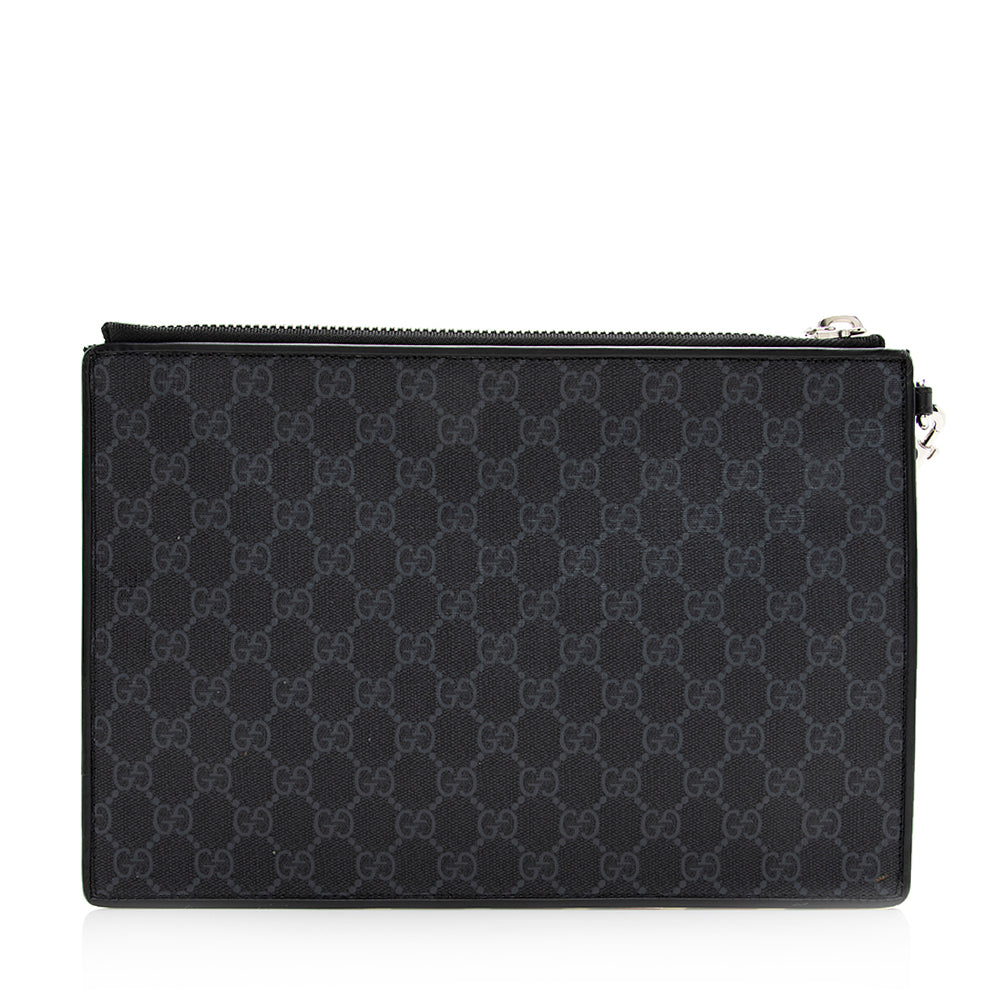 Gucci GG Supreme Embroidered Patchwork Zip Leather Canvas Black Large Clutch Bag