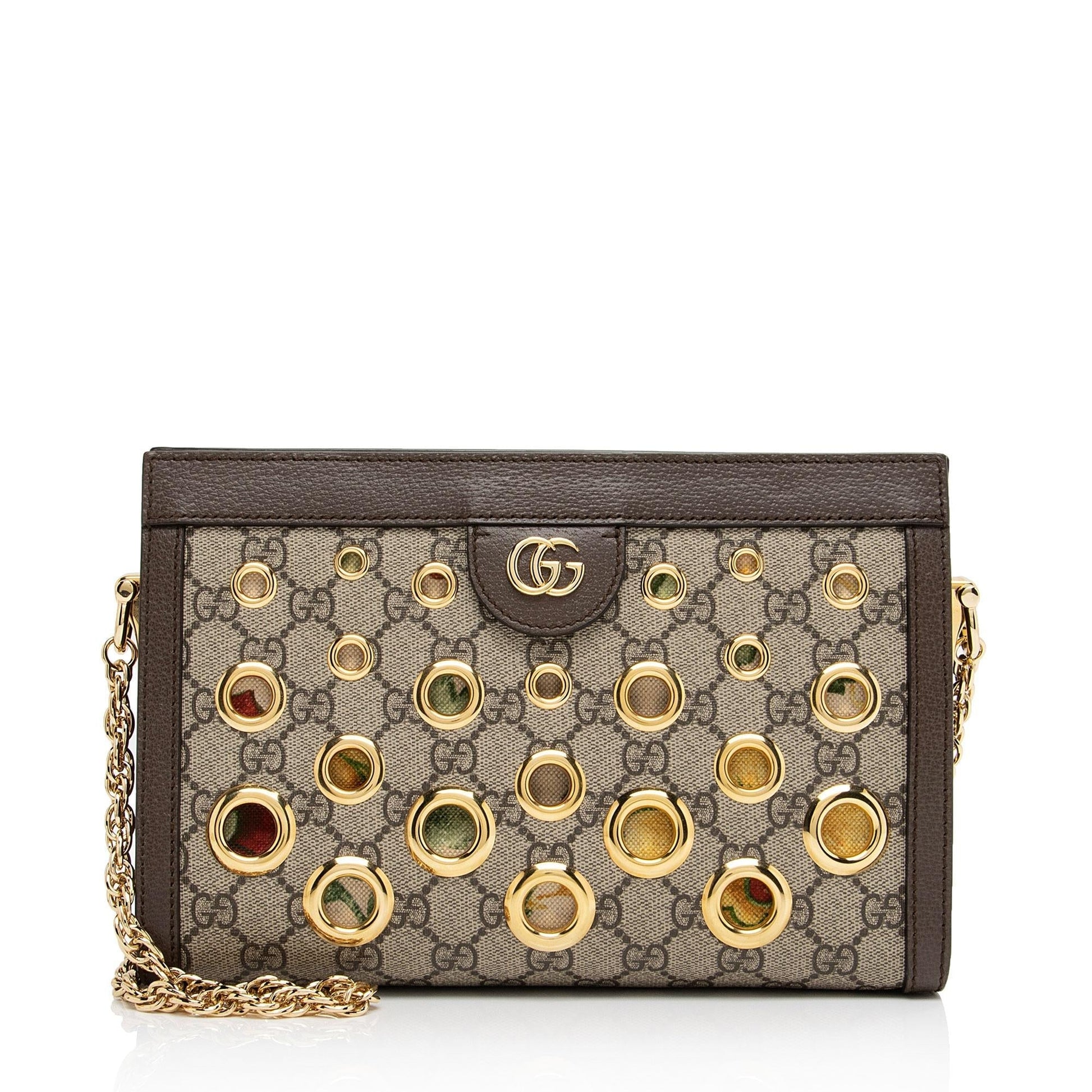 Gucci GG Supreme Eyelet Ophidia Chain Leather Canvas Brown Beige Shoulder Bag