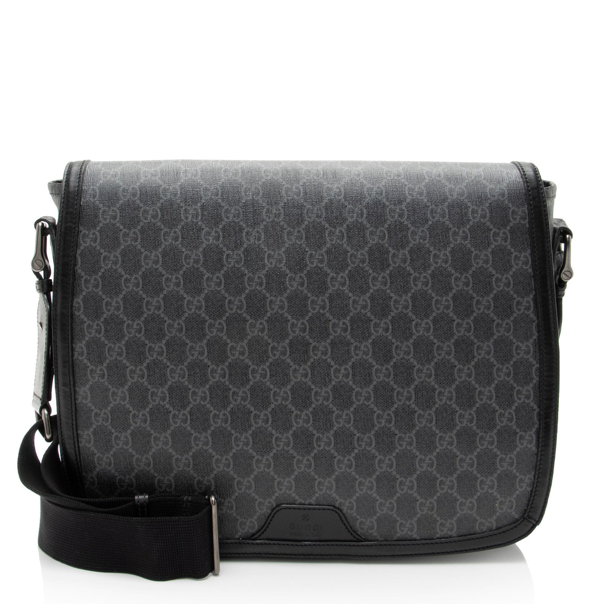 Gucci GG Supreme Flap Messenger Leather Canvas Nylon Black Shoulder Bag