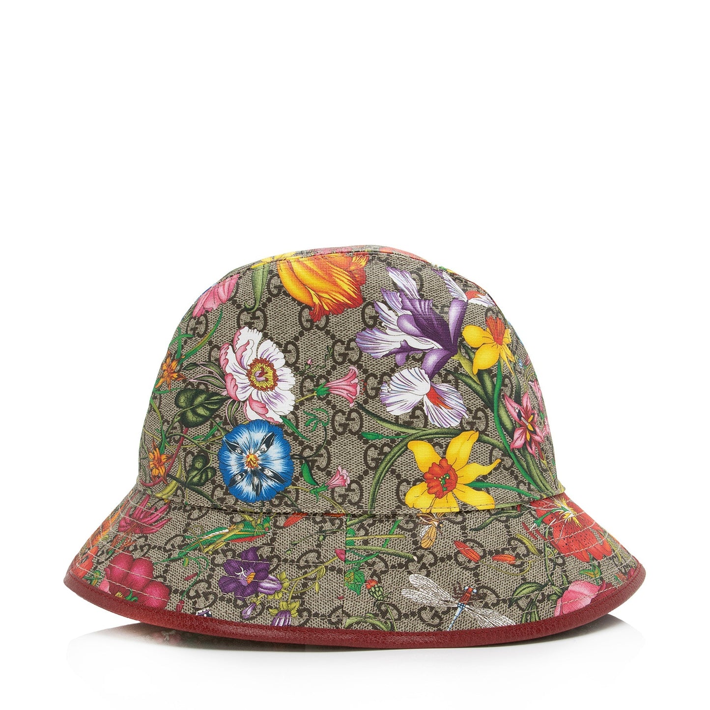 Gucci GG Supreme Flora Bucket Hat Leather Canvas Beige Red Bucket Bag