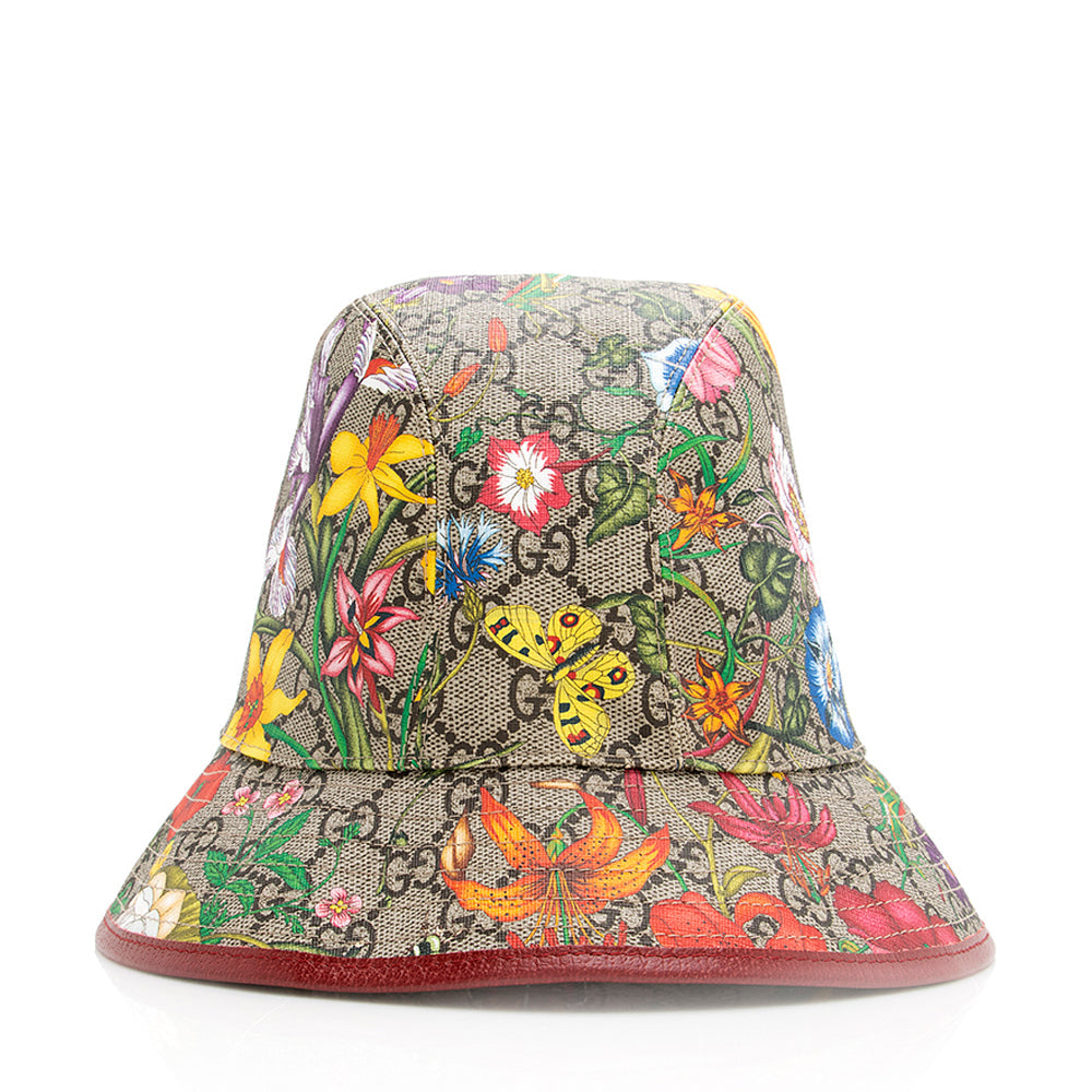 Gucci GG Supreme Flora Bucket Hat Leather Canvas Beige Red Bucket Bag M Shf