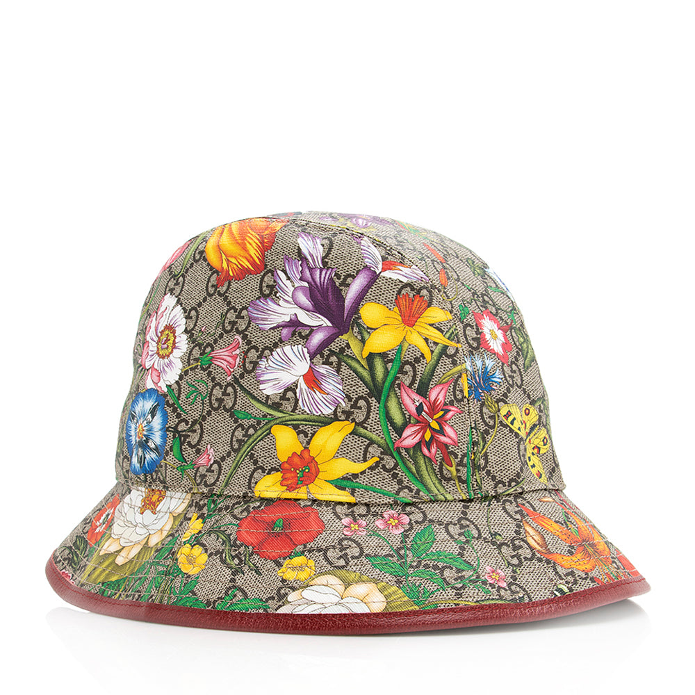 Gucci GG Supreme Flora Bucket Hat Leather Canvas Beige Red Bucket Bag M Shf