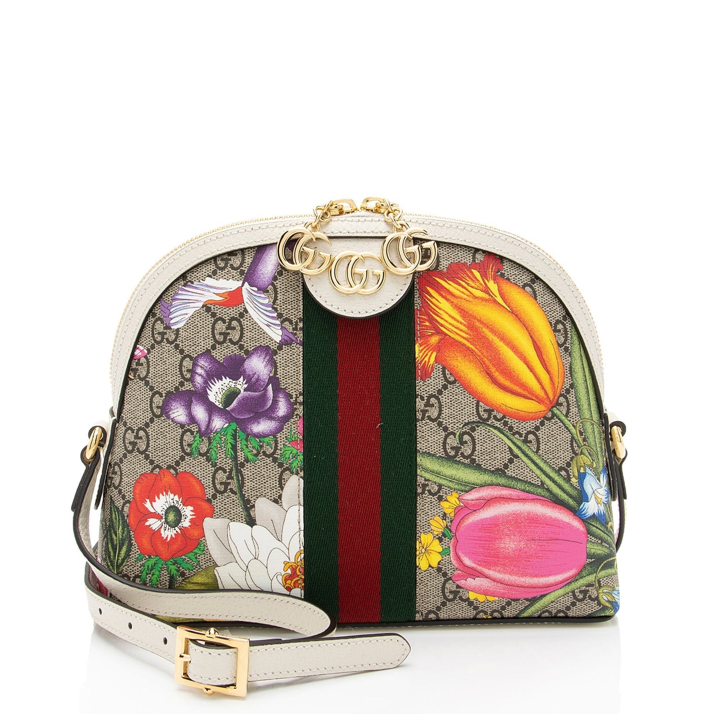 Gucci GG Supreme Flora Ophidia Dome Leather Canvas Nylon White Crossbody Bag Shf Igi7I4