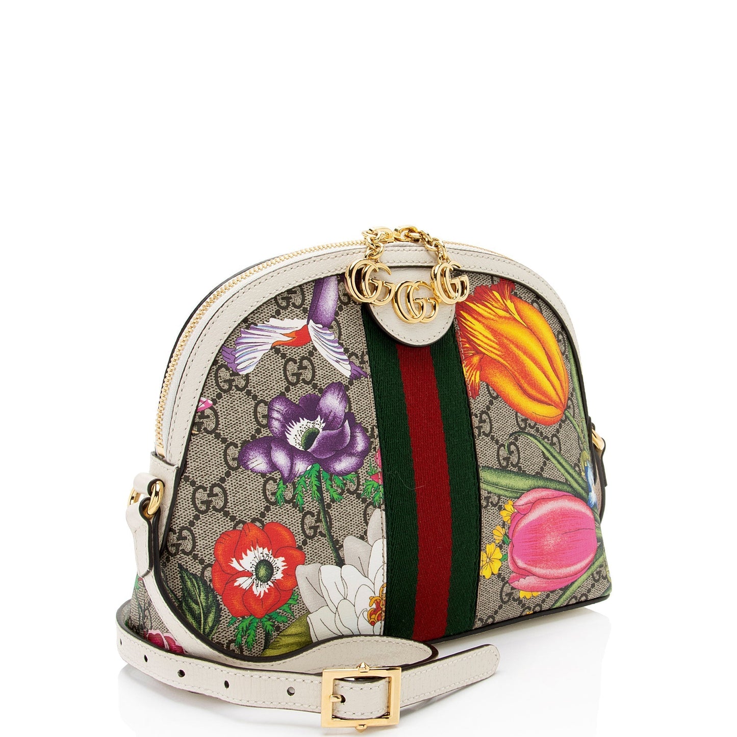Gucci GG Supreme Flora Ophidia Dome Leather Canvas Nylon White Crossbody Bag