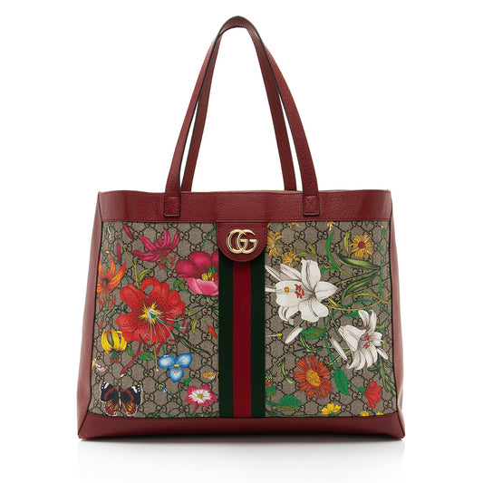 Gucci GG Supreme Flora Ophidia SHF-aYucoZ Leather Canvas Nylon Beige Tote Bag