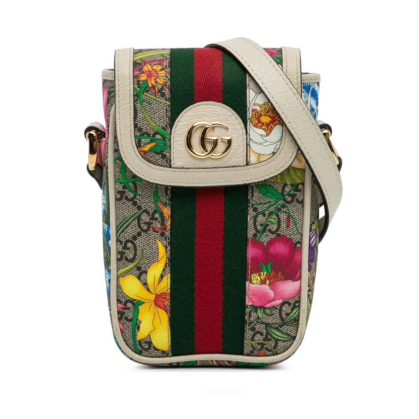 Gucci GG Supreme Flora Ophidia Phone Canvas Calf White Brown Crossbody Bag
