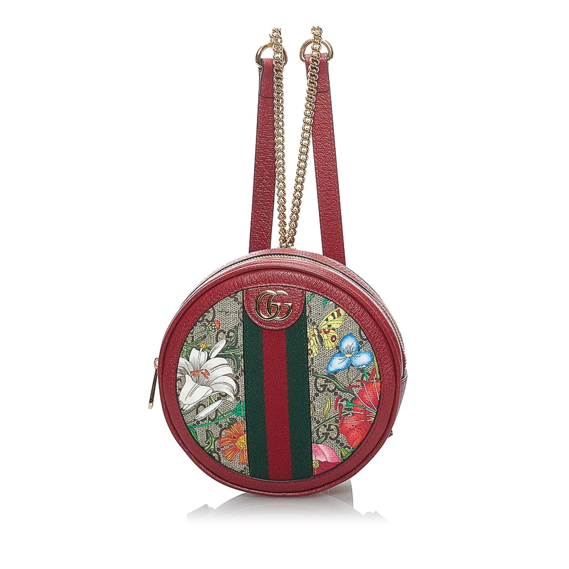 Gucci GG Supreme Flora Ophidia Round Canvas Calf Red Backpack Shg Vmokxm