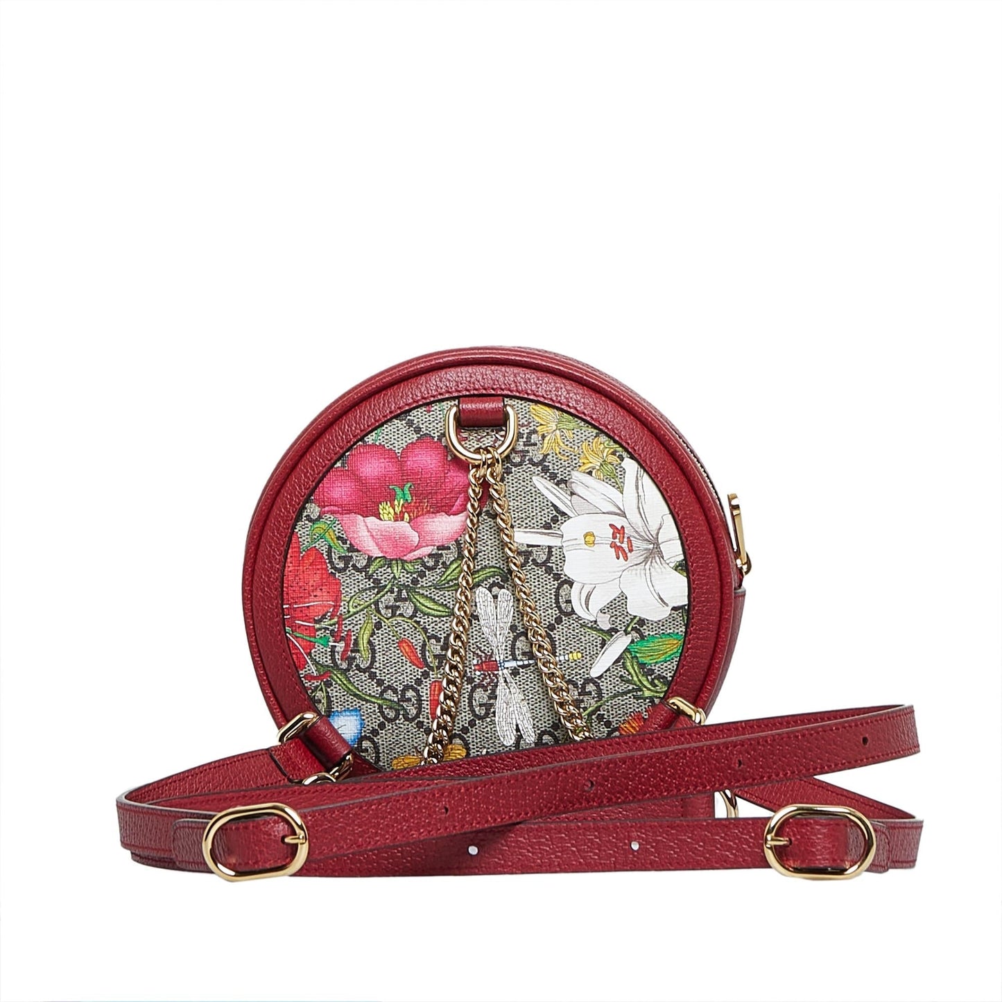 Gucci GG Supreme Flora Ophidia Round Canvas Calf Red Backpack Shg 3Tp9Td