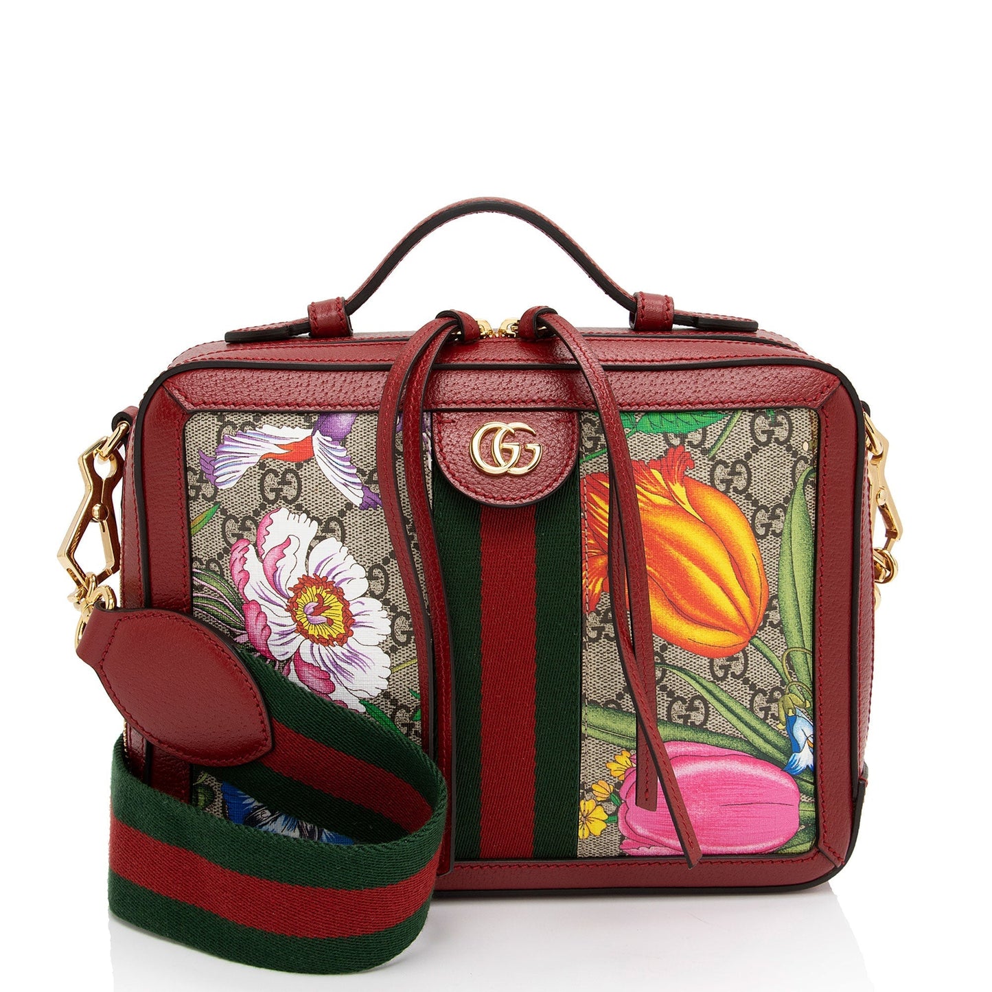 Gucci GG Supreme Flora Ophidia Top Leather Canvas Red Small Crossbody Bag