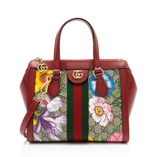 Gucci GG Supreme Flora Ophidia Leather Canvas Nylon Red Tote Bag