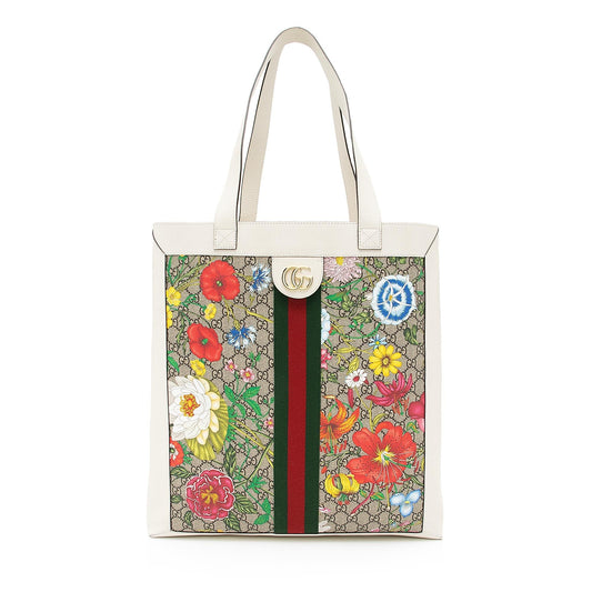 Gucci GG Supreme Flora Ophidia Vertical Leather Nylon White Beige Tote Bag Shf 0C0Gj1