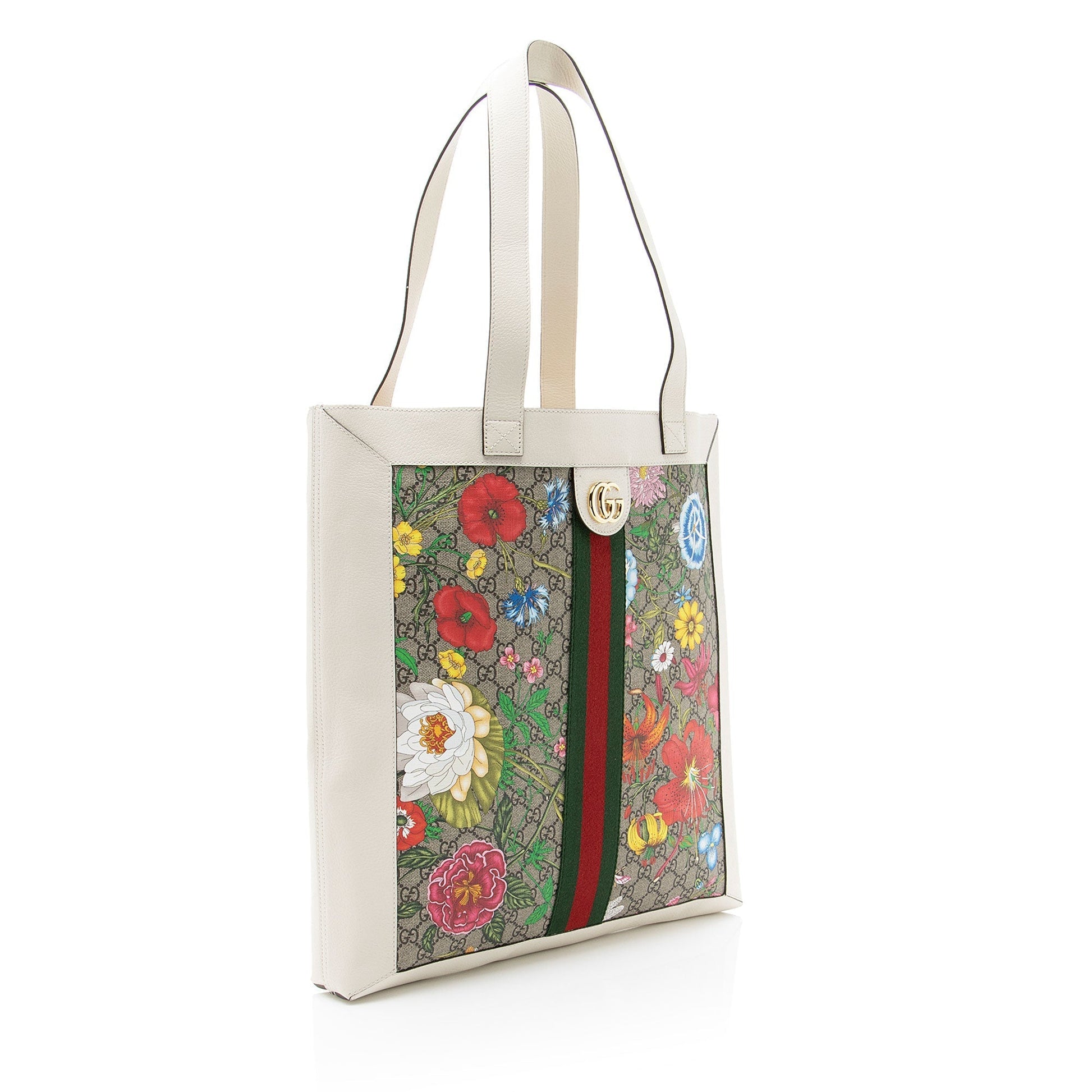Gucci GG Supreme Flora Ophidia Vertical Leather Nylon White Beige Tote Bag