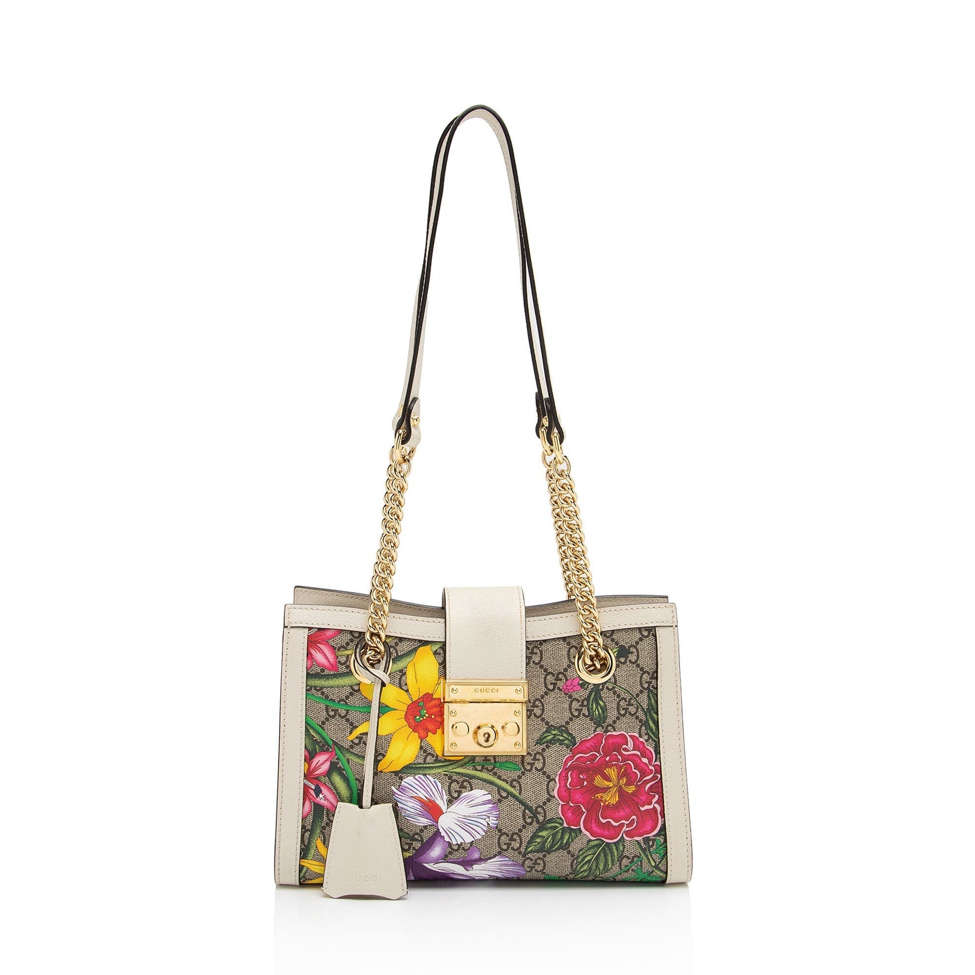 Gucci GG Supreme Flora Padlock SHF-39l0R6 Leather Canvas White Beige Shoulder Bag