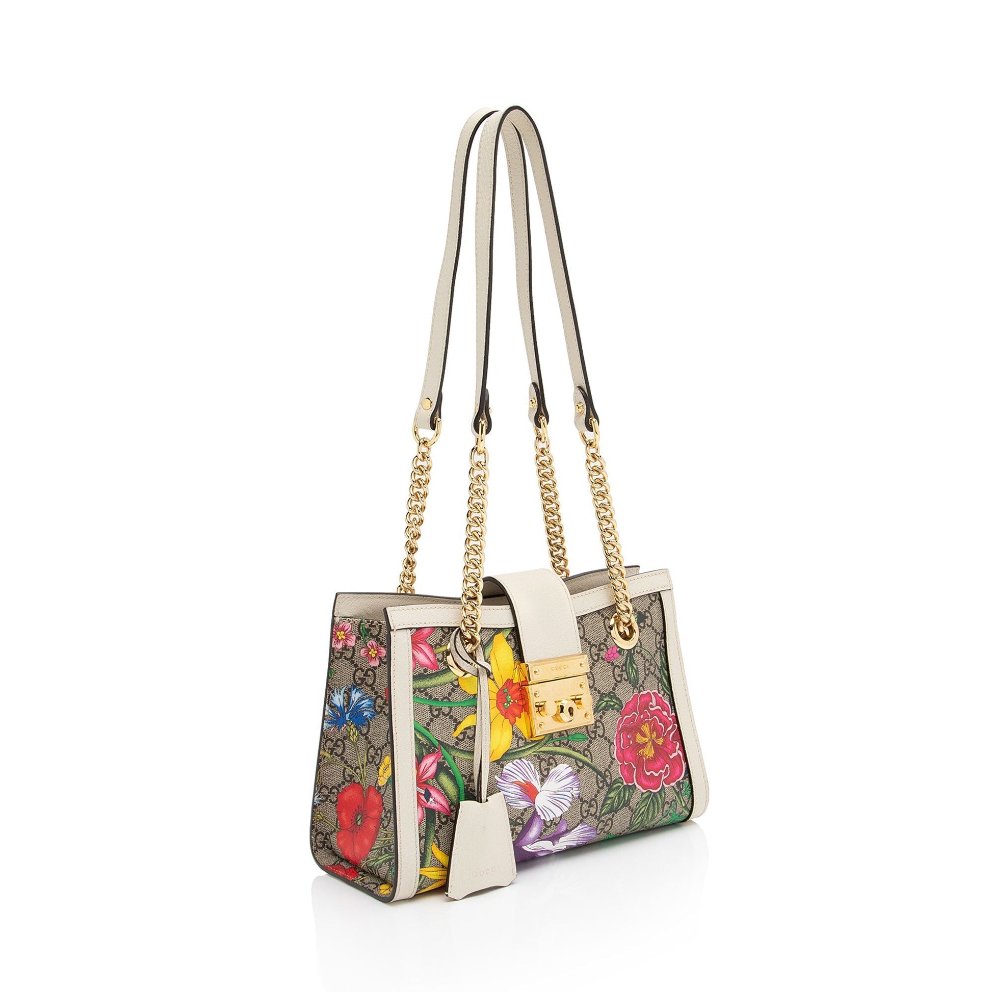 Gucci GG Supreme Flora Padlock SHF-39l0R6 Leather Canvas White Beige Shoulder Bag