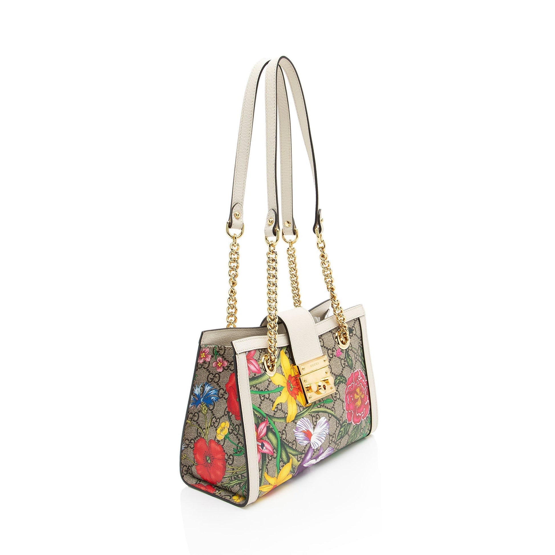 Gucci GG Supreme Flora Padlock Leather Canvas White Small Tote Bag