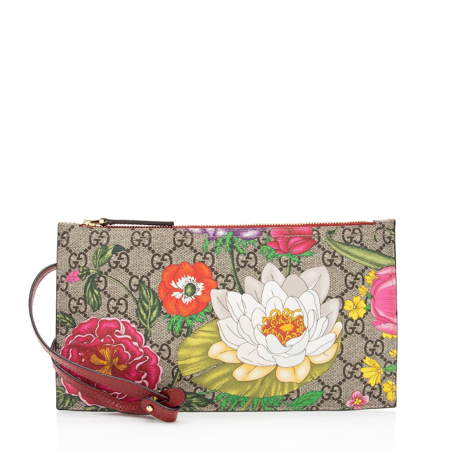 Gucci GG Supreme Flora Pochette SHF-dS9g3S Leather Canvas Beige Red Clutch Bag