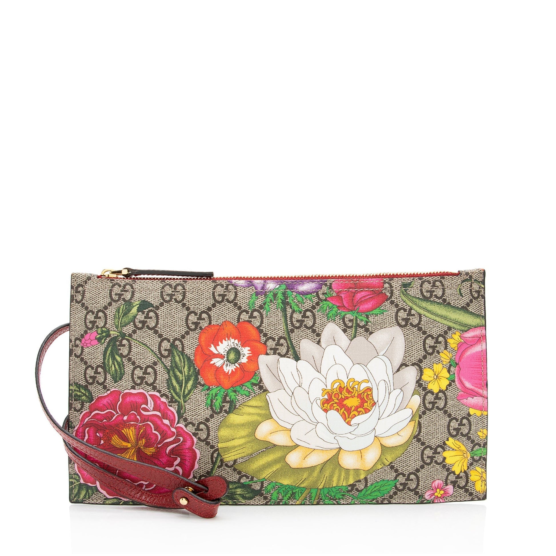 Gucci GG Supreme Flora Pochette SHF-dS9g3S Leather Canvas Beige Red Clutch Bag