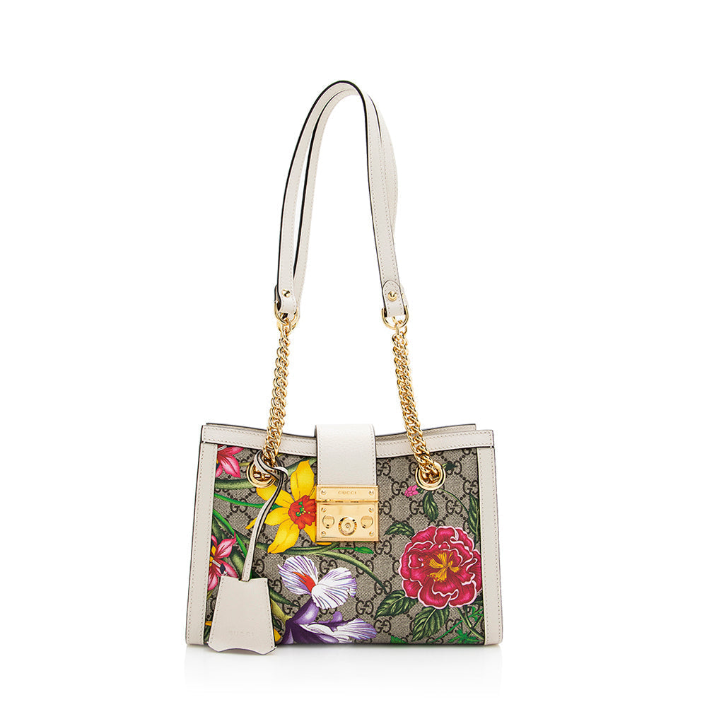 Gucci GG Supreme Flora SHF Leather Canvas White Beige Tote Bag