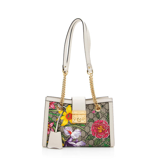 Gucci GG Supreme Flora SHF Leather Canvas White Beige Tote Bag