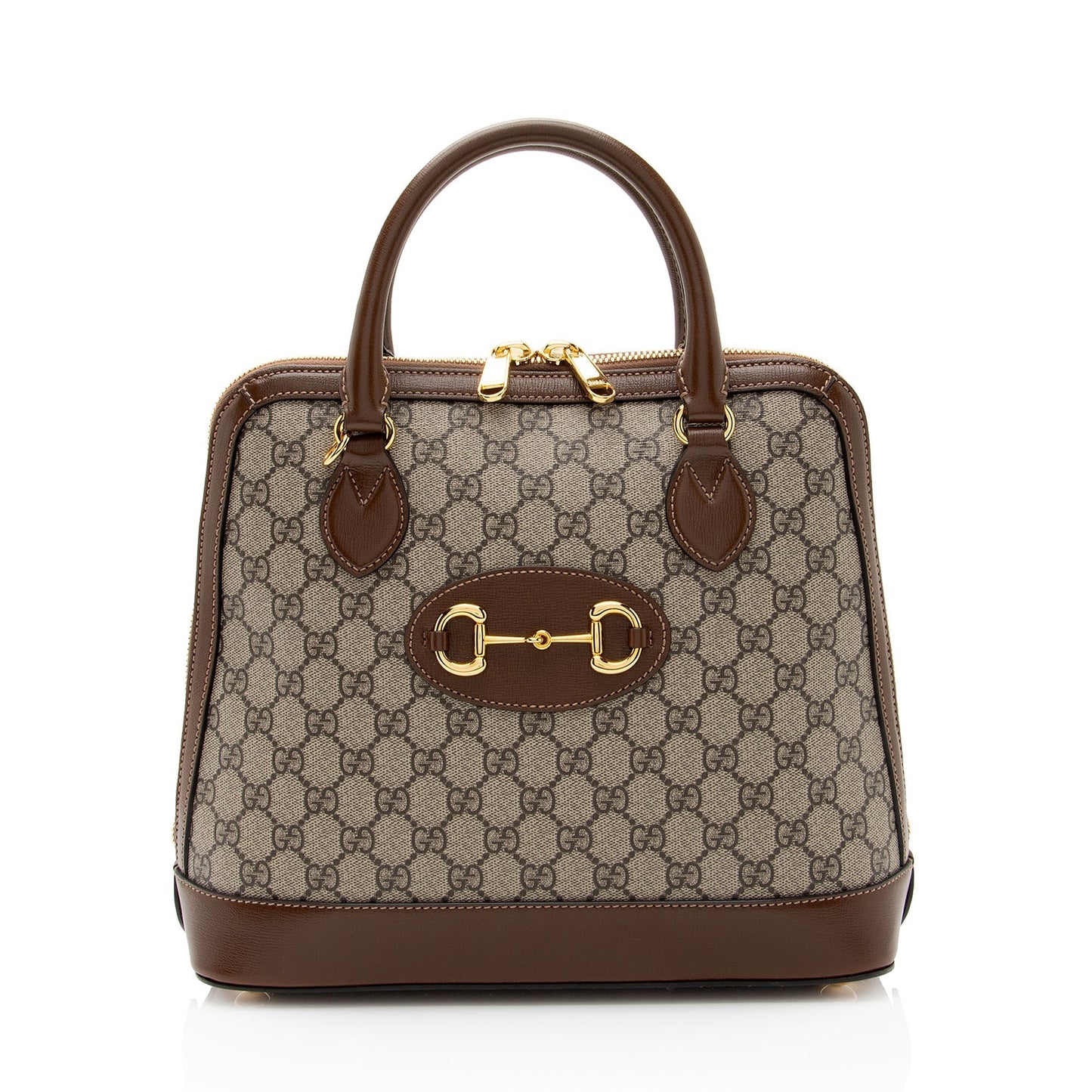 Gucci GG Supreme Horsebit Top Handle Leather Canvas Brown Beige Satchel Bag
