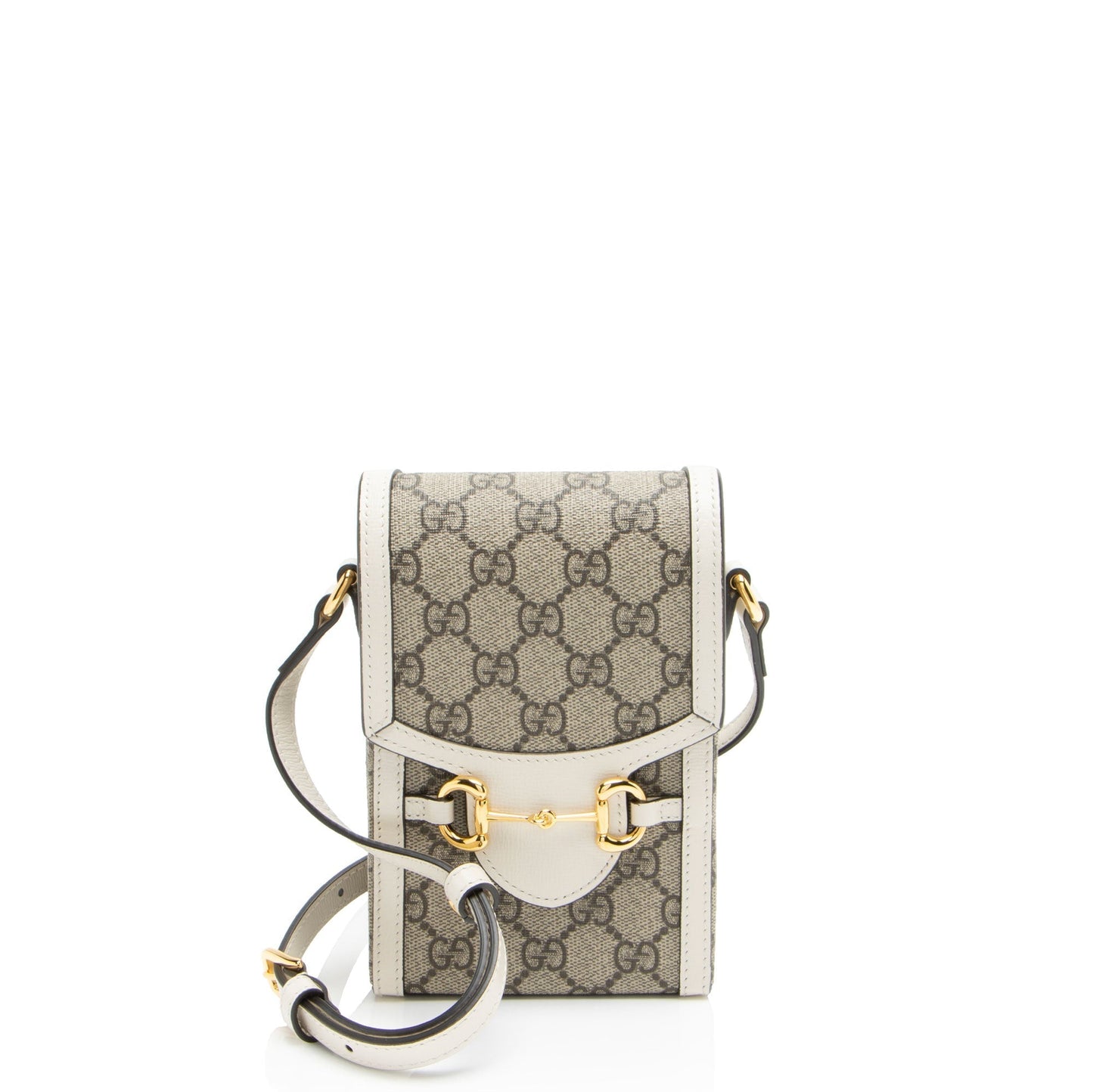 Gucci GG Supreme Horsebit Vertical Leather Canvas White Beige Crossbody Bag