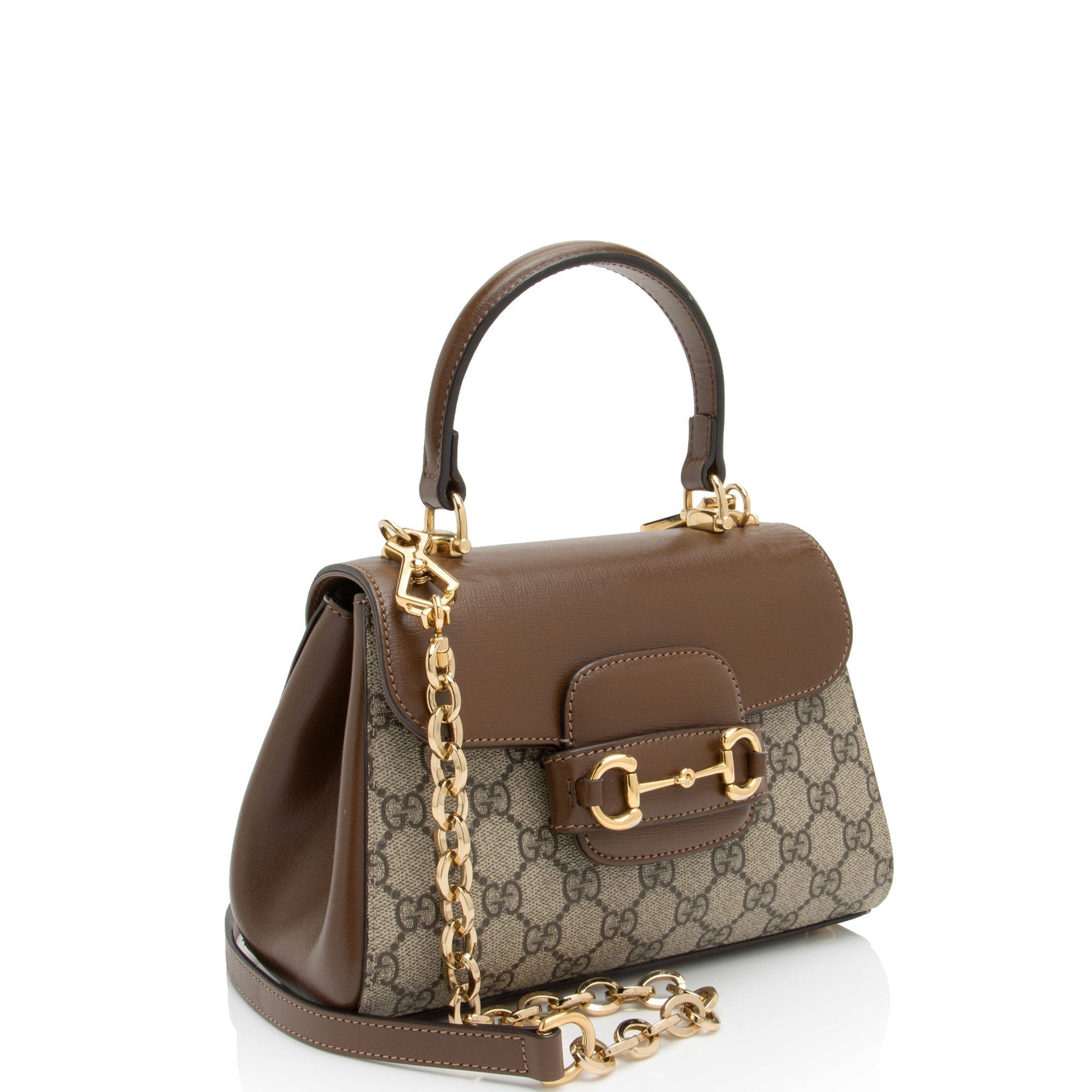 Gucci GG Supreme Horsebit Chain Top Leather Canvas Brown Small Crossbody Bag