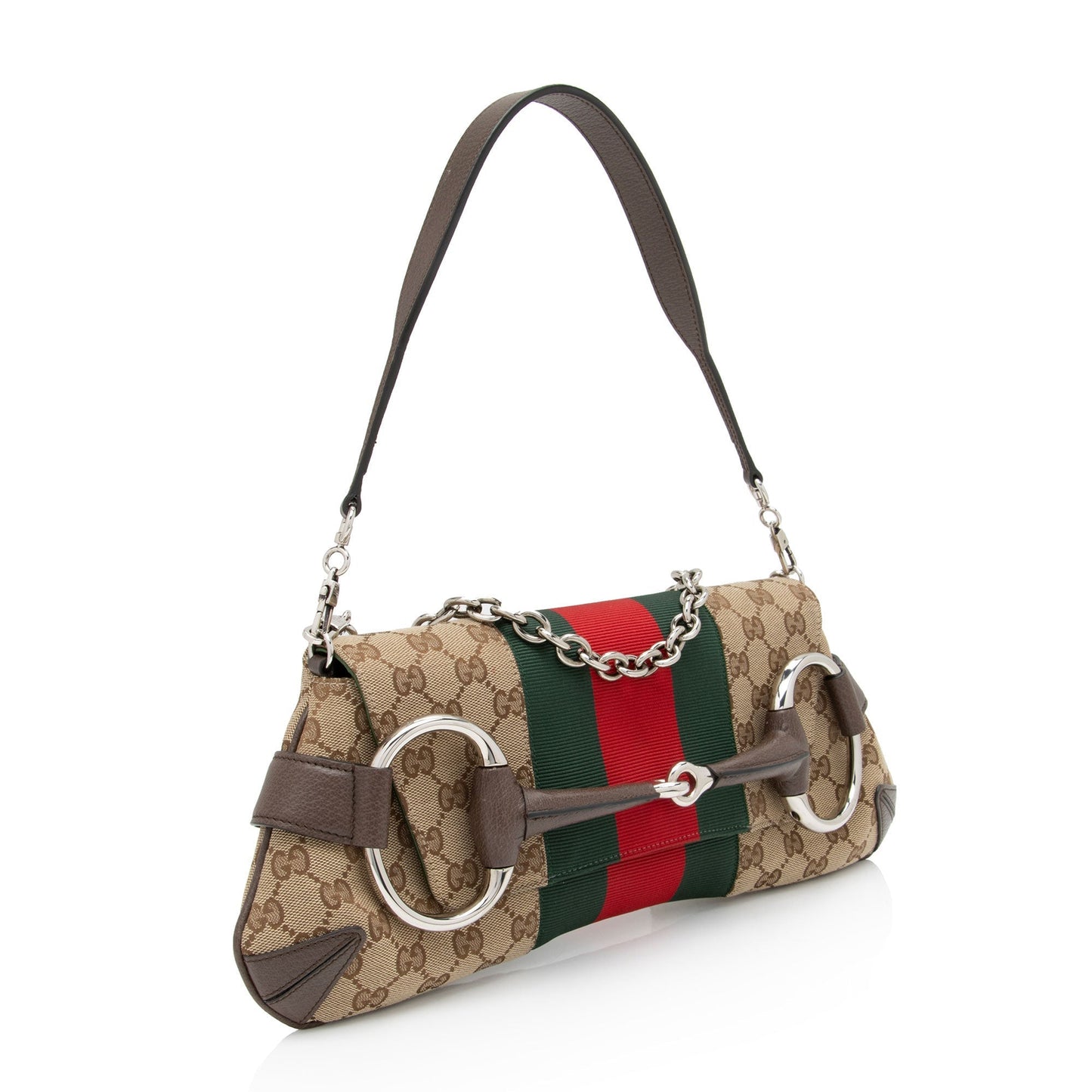 Gucci GG Supreme Horsebit Web Chain Leather Canvas Nylon Brown Shoulder Bag
