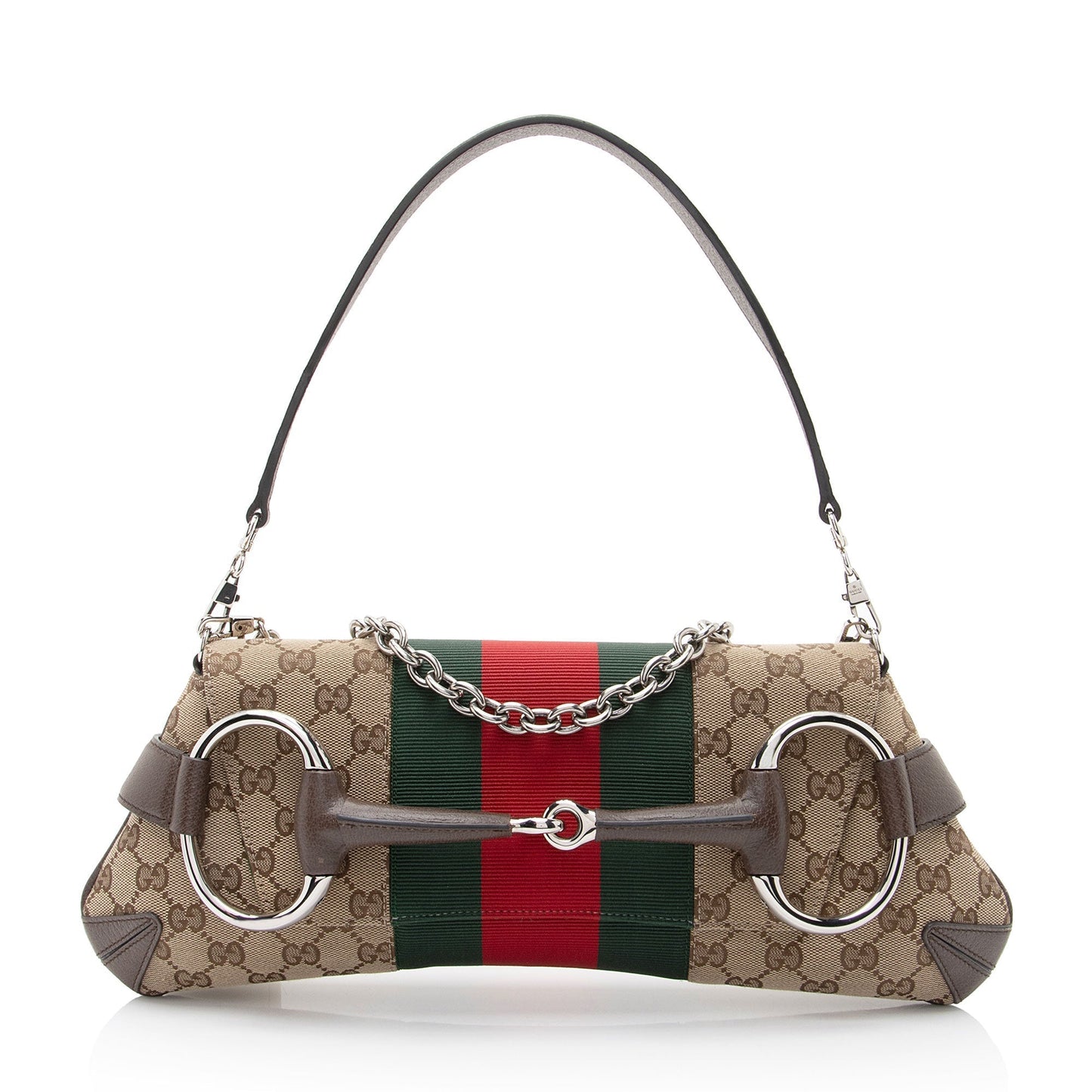 Gucci GG Supreme Horsebit Web Chain Leather Canvas Nylon Brown Shoulder Bag Shf Z3Mumz