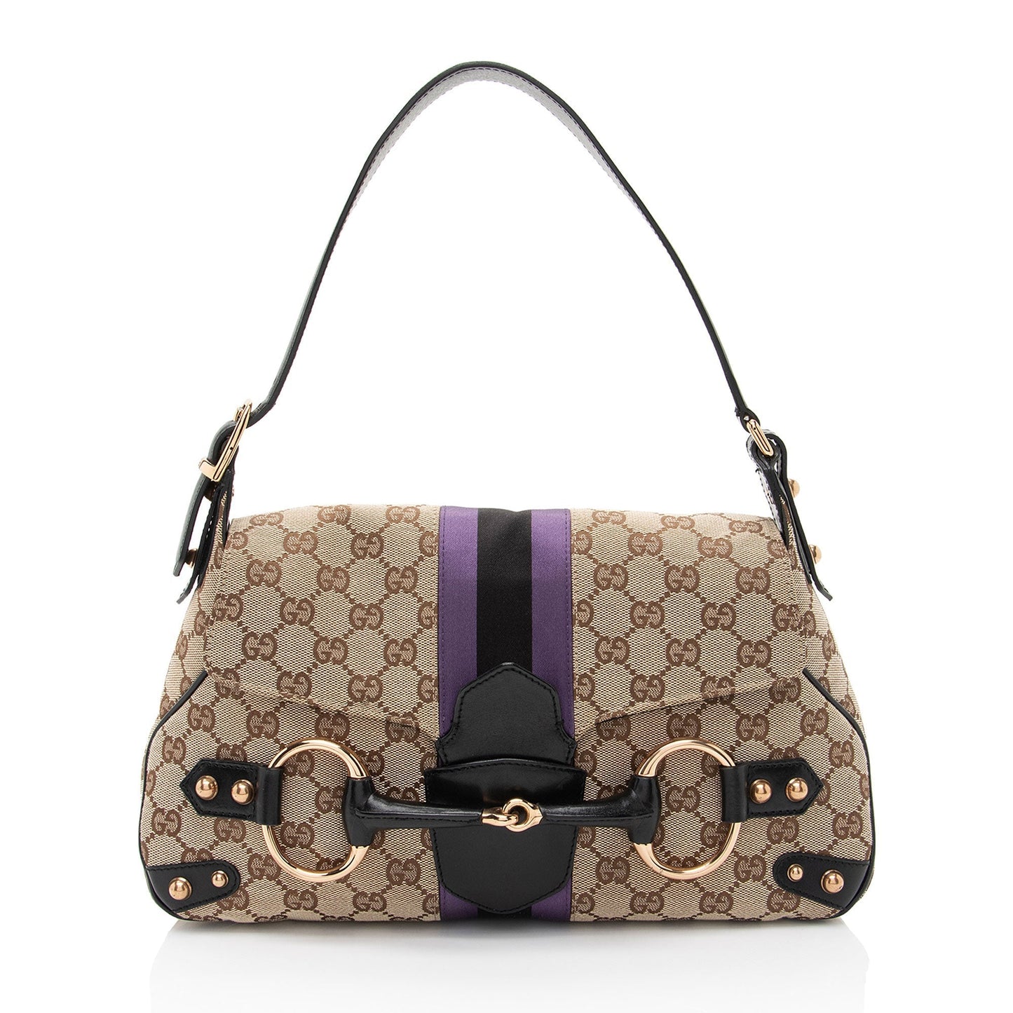 Gucci GG Supreme Horsebit Web Flap Leather Canvas Satin Black Shoulder Bag